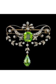 Antique Edwardian Peridot Diamond Brooch in 18 Carat Gold Silver
