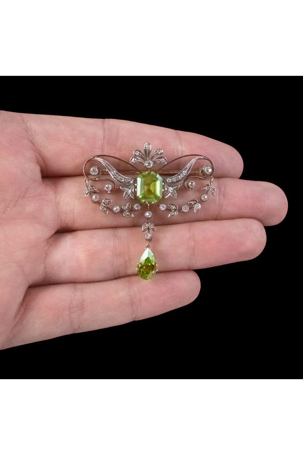 Women's Antique Edwardian Peridot Diamond Brooch in 18 Carat Gold Silver For Sale