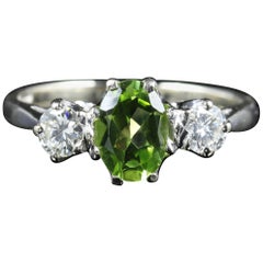 Antique Edwardian Peridot Diamond Trilogy Ring 18 Carat White Gold