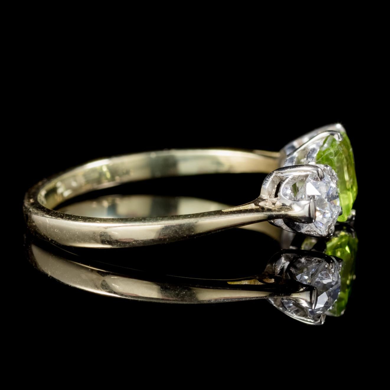 Women's Antique Edwardian Peridot Diamond Trilogy Ring Platinum 18 Carat Gold For Sale