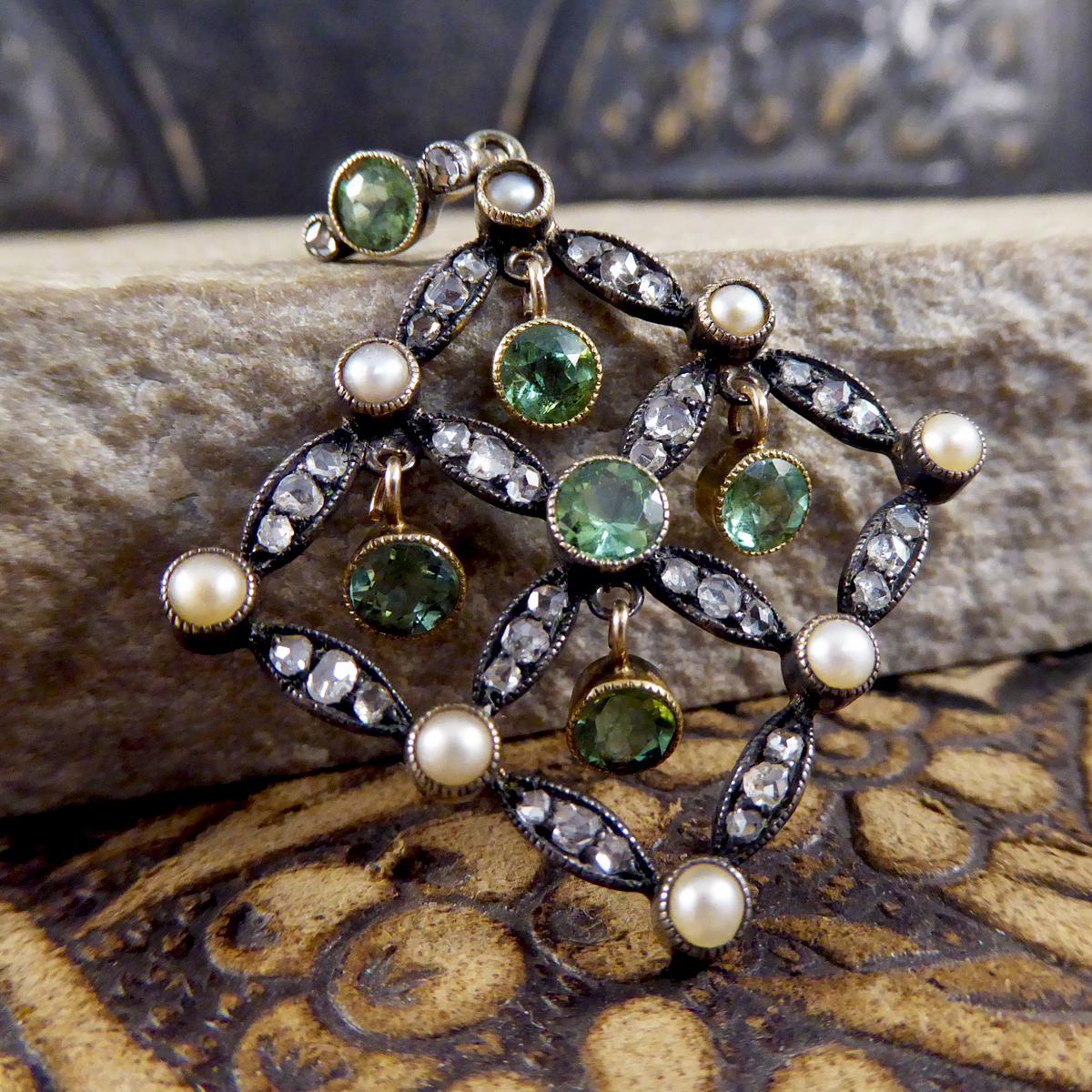 Round Cut Antique Edwardian Peridot Pearl and Diamond Pendant in Gold and Platinum For Sale