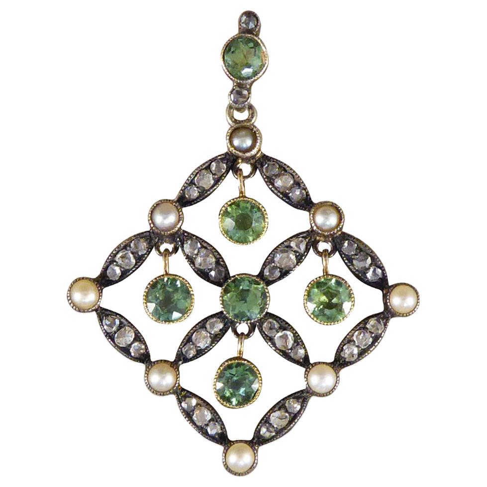 Antique Edwardian Peridot Pearl and Diamond Pendant in Gold and Platinum For Sale