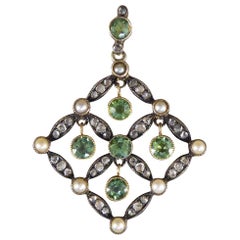 Antique Edwardian Peridot Pearl and Diamond Pendant in Gold and Platinum