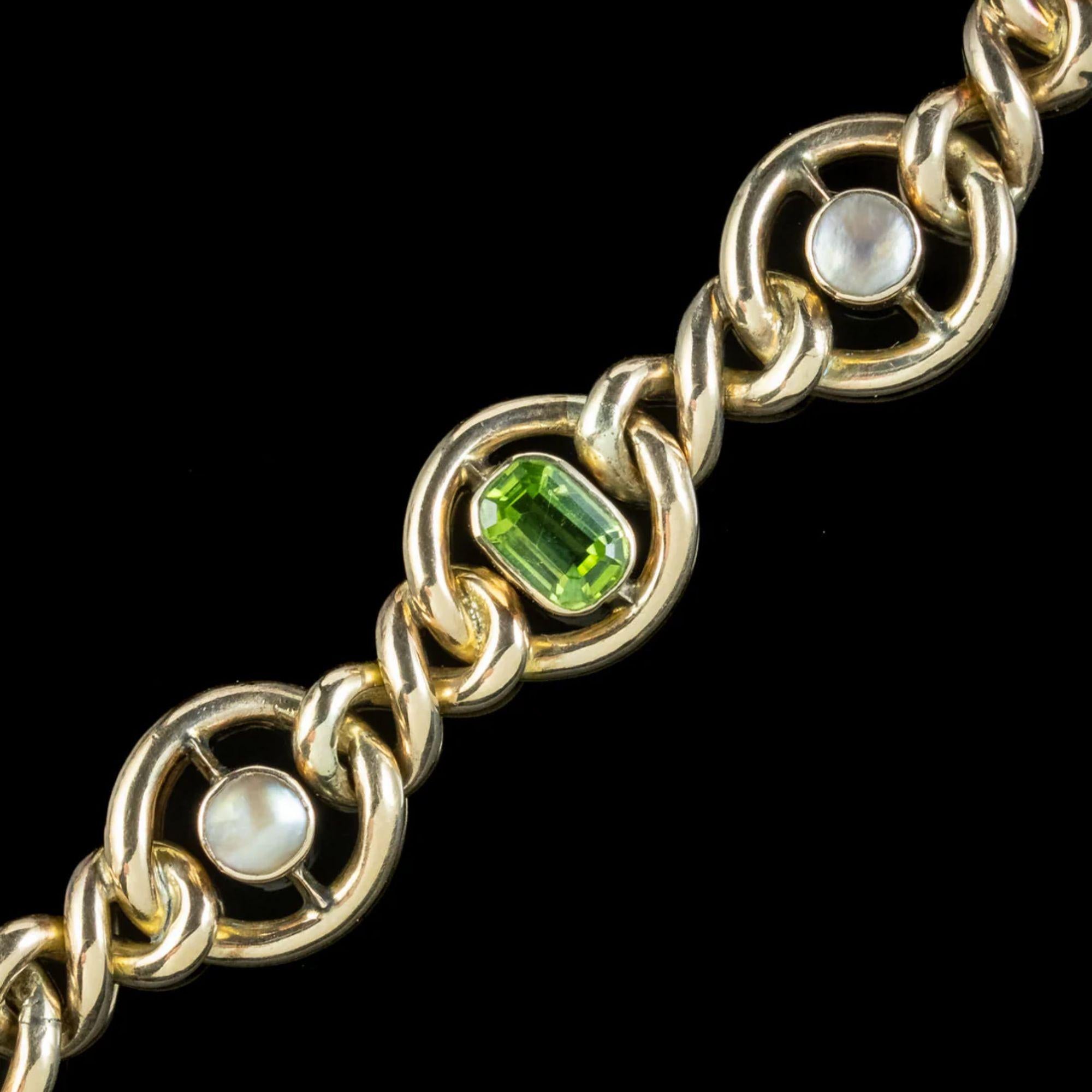 Emerald Cut Antique Edwardian Peridot Pearl Curb Bracelet in 9 Carat Gold