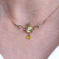 Antique Edwardian Peridot & Pearl Necklace 9K Gold Art Nouveau c.1900