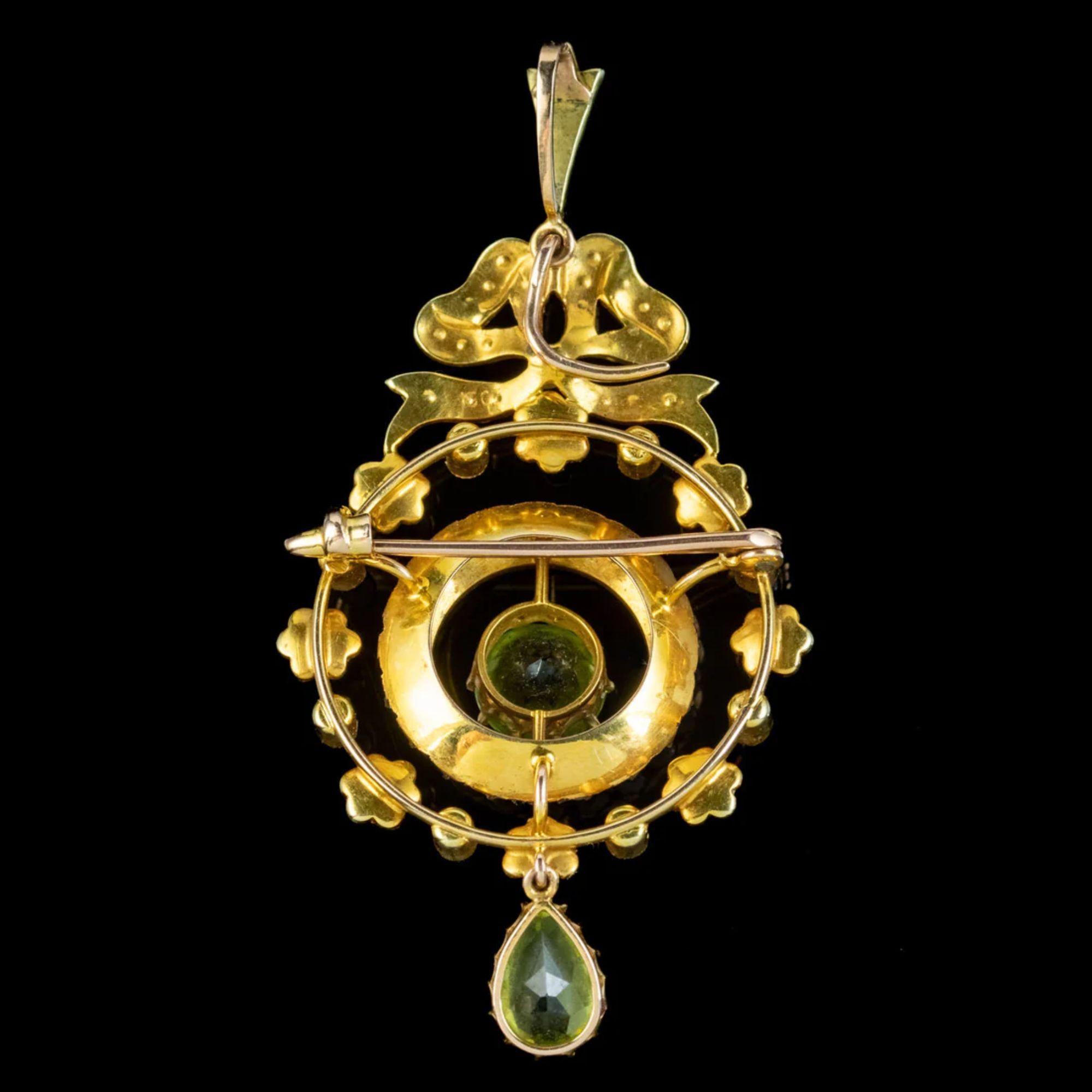 Bead Antique Edwardian Peridot Pearl Pendant in 15ct Gold, circa 1901-1915 For Sale