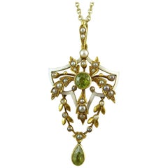 Antique Edwardian Peridot, Pearl, White Enamel Pendant, circa 1900s