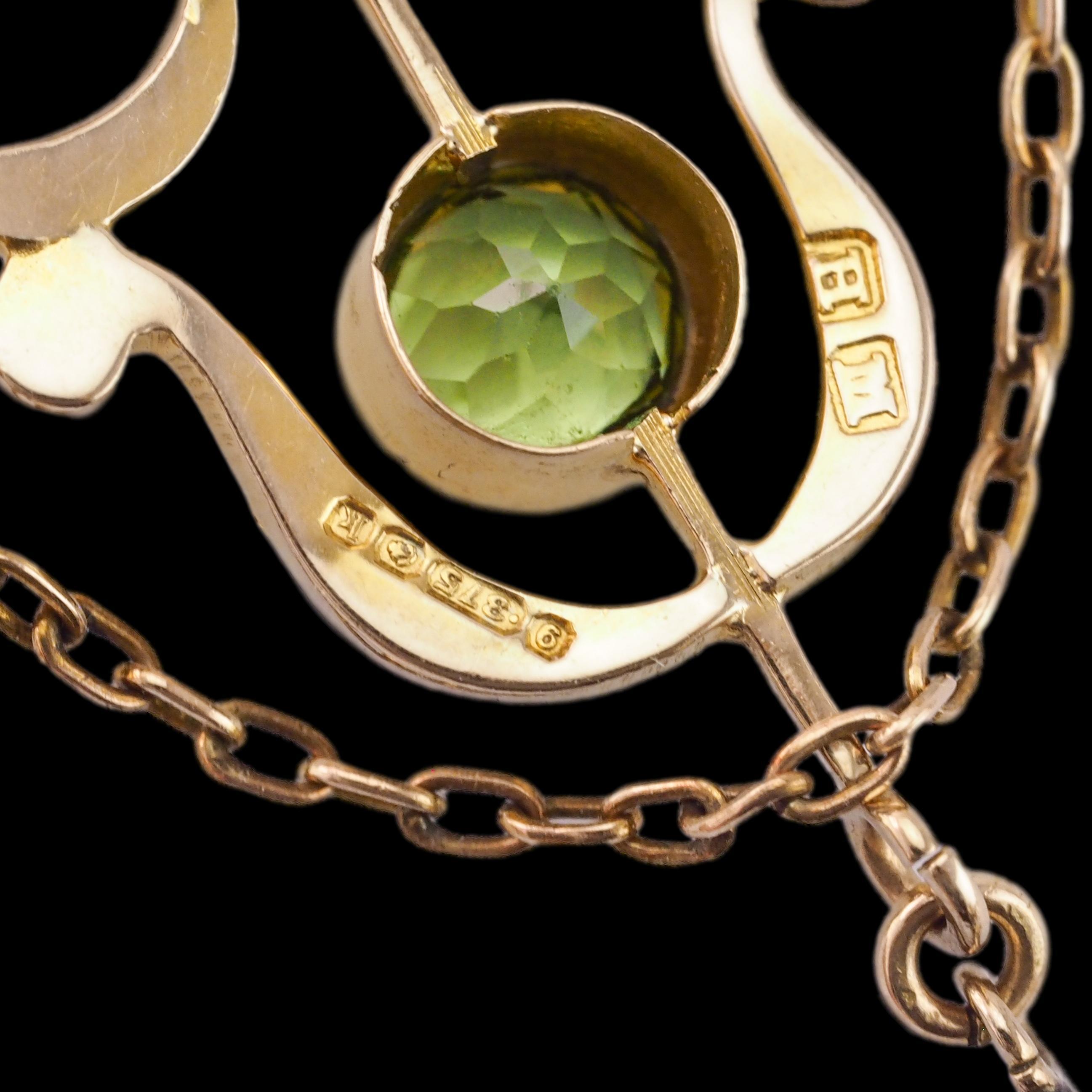Antique Edwardian Peridot & Seed Pearl Pendant Necklace 9K Gold - 1909 For Sale 5