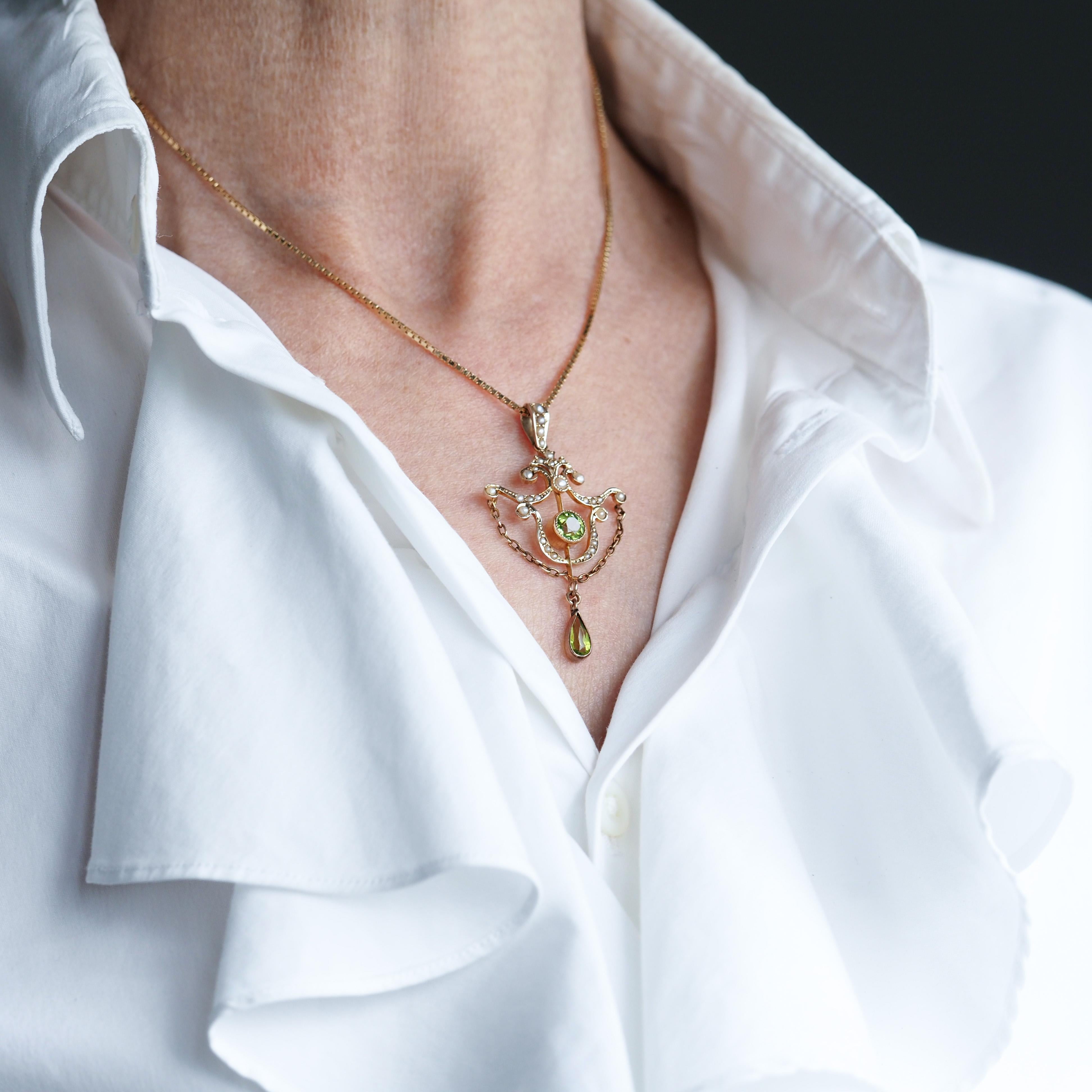 Antique Edwardian Peridot & Seed Pearl Pendant Necklace 9K Gold - 1909 For Sale 6