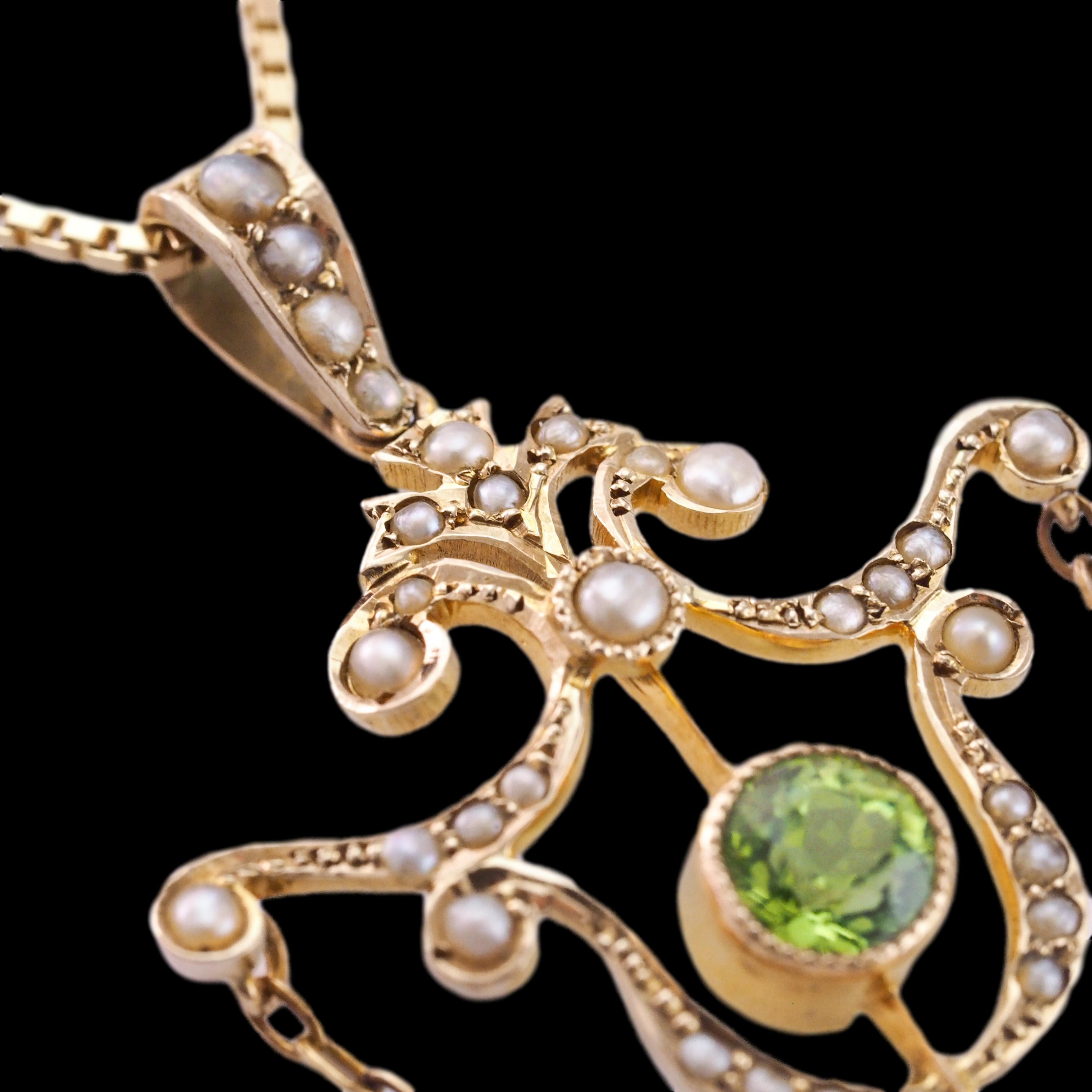 Antique Edwardian Peridot & Seed Pearl Pendant Necklace 9K Gold - 1909 For Sale 7