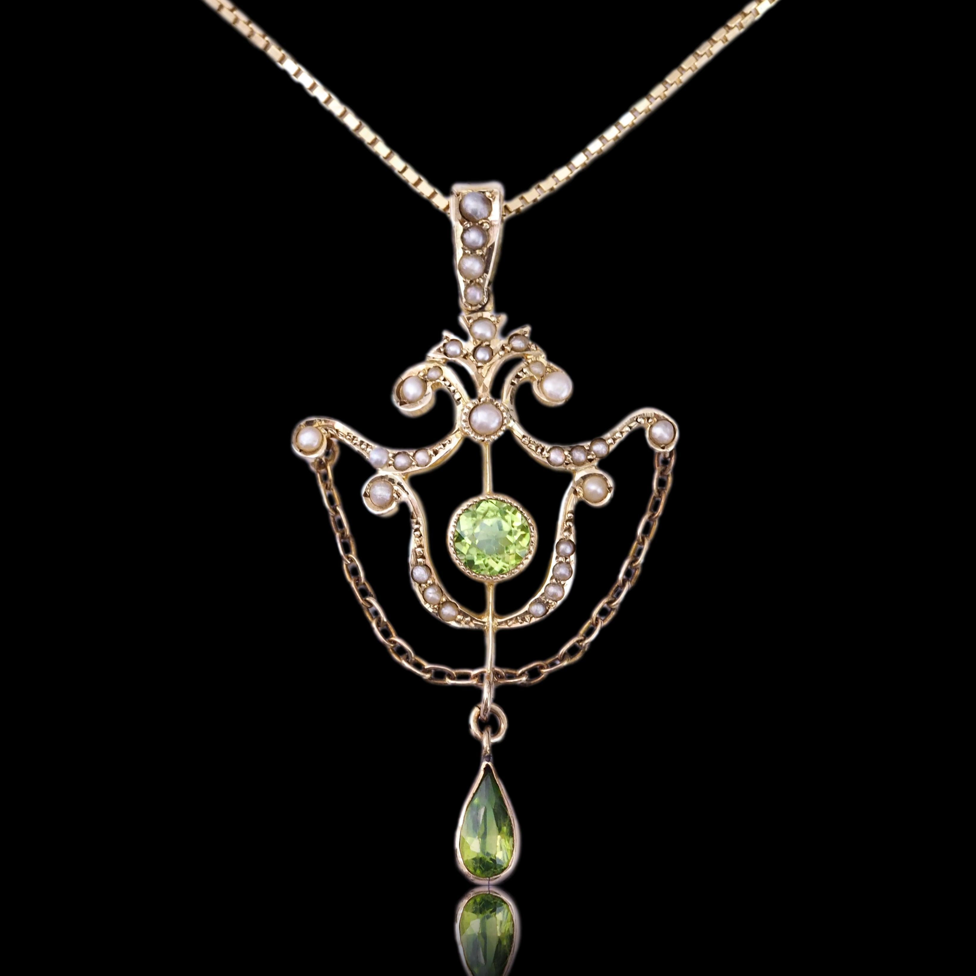 Antique Edwardian Peridot & Seed Pearl Pendant Necklace 9K Gold - 1909 For Sale 8