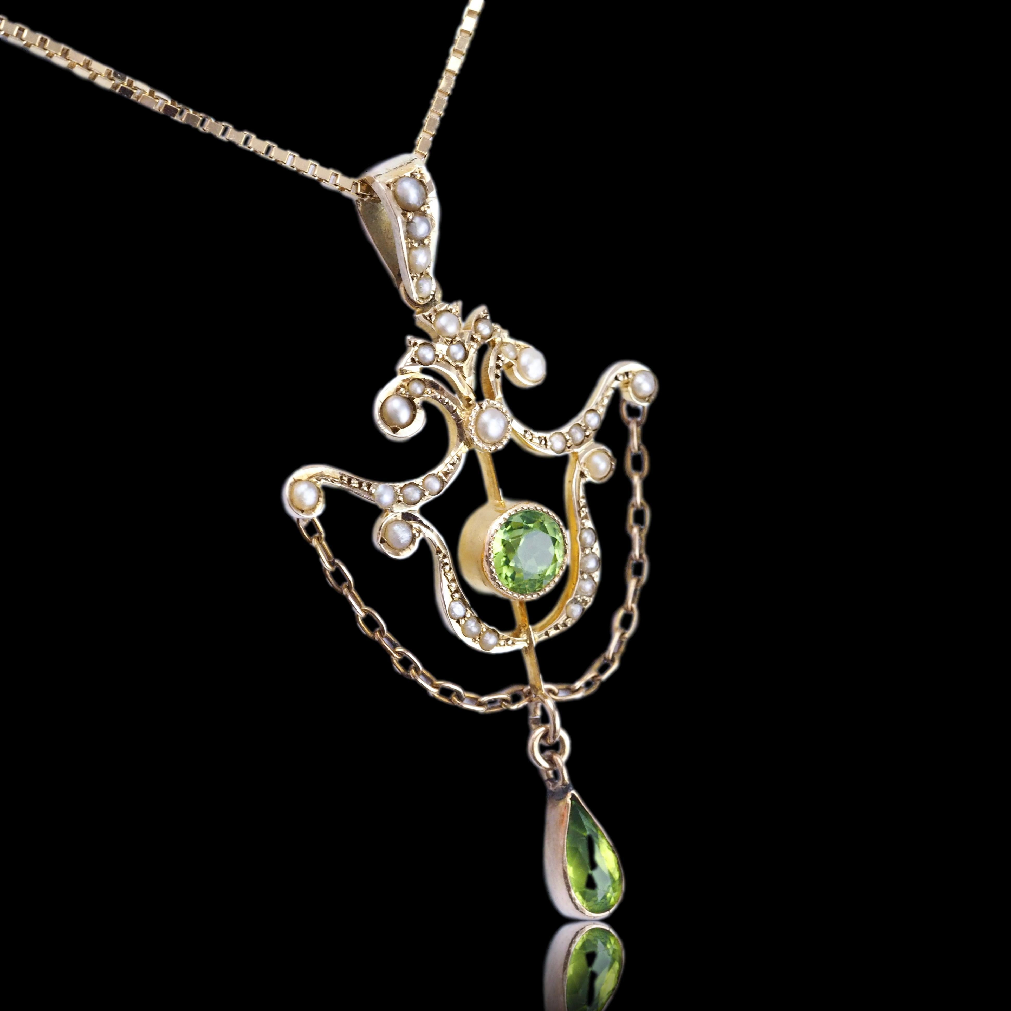 Antique Edwardian Peridot & Seed Pearl Pendant Necklace 9K Gold - 1909 For Sale 11