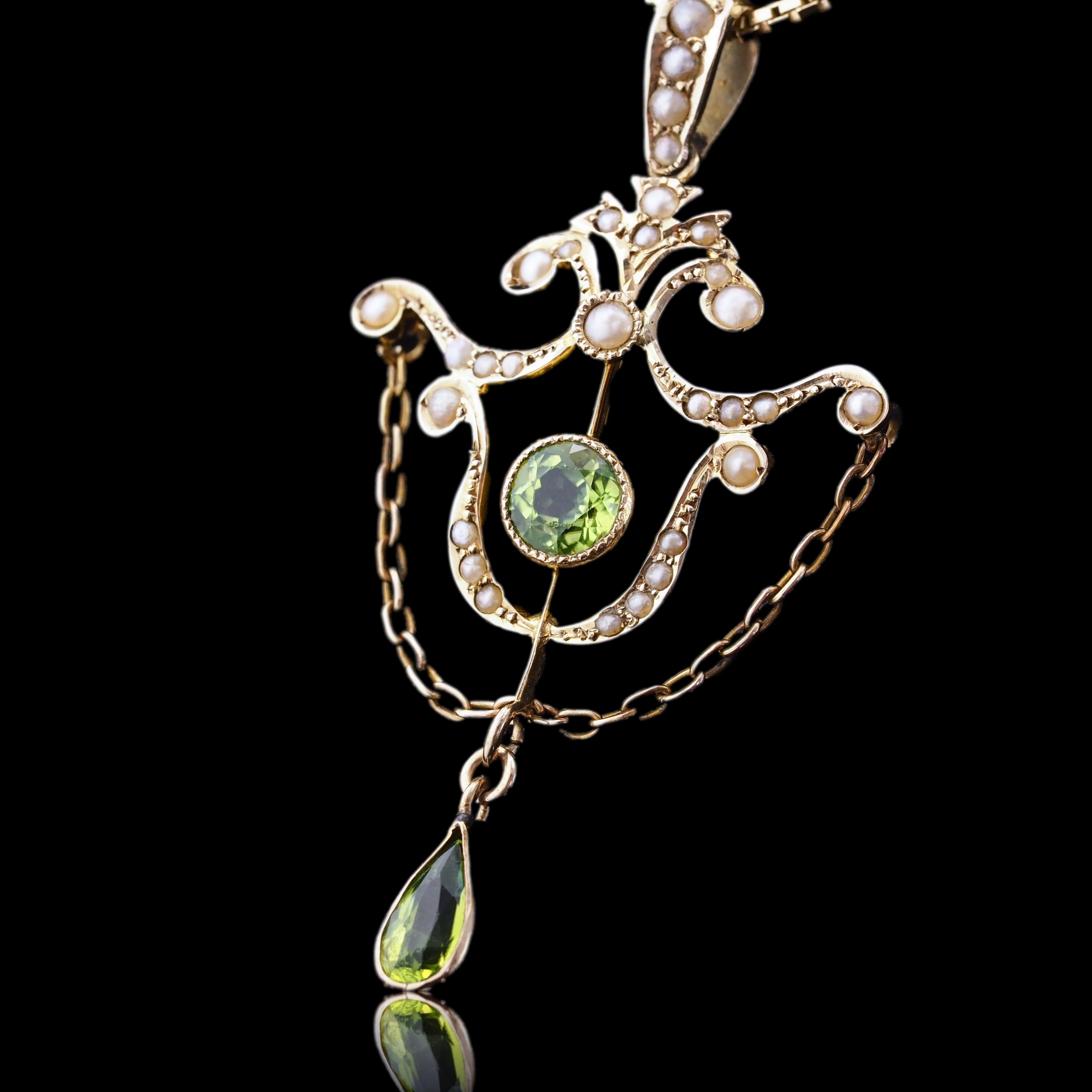 Antique Edwardian Peridot & Seed Pearl Pendant Necklace 9K Gold - 1909 For Sale 12