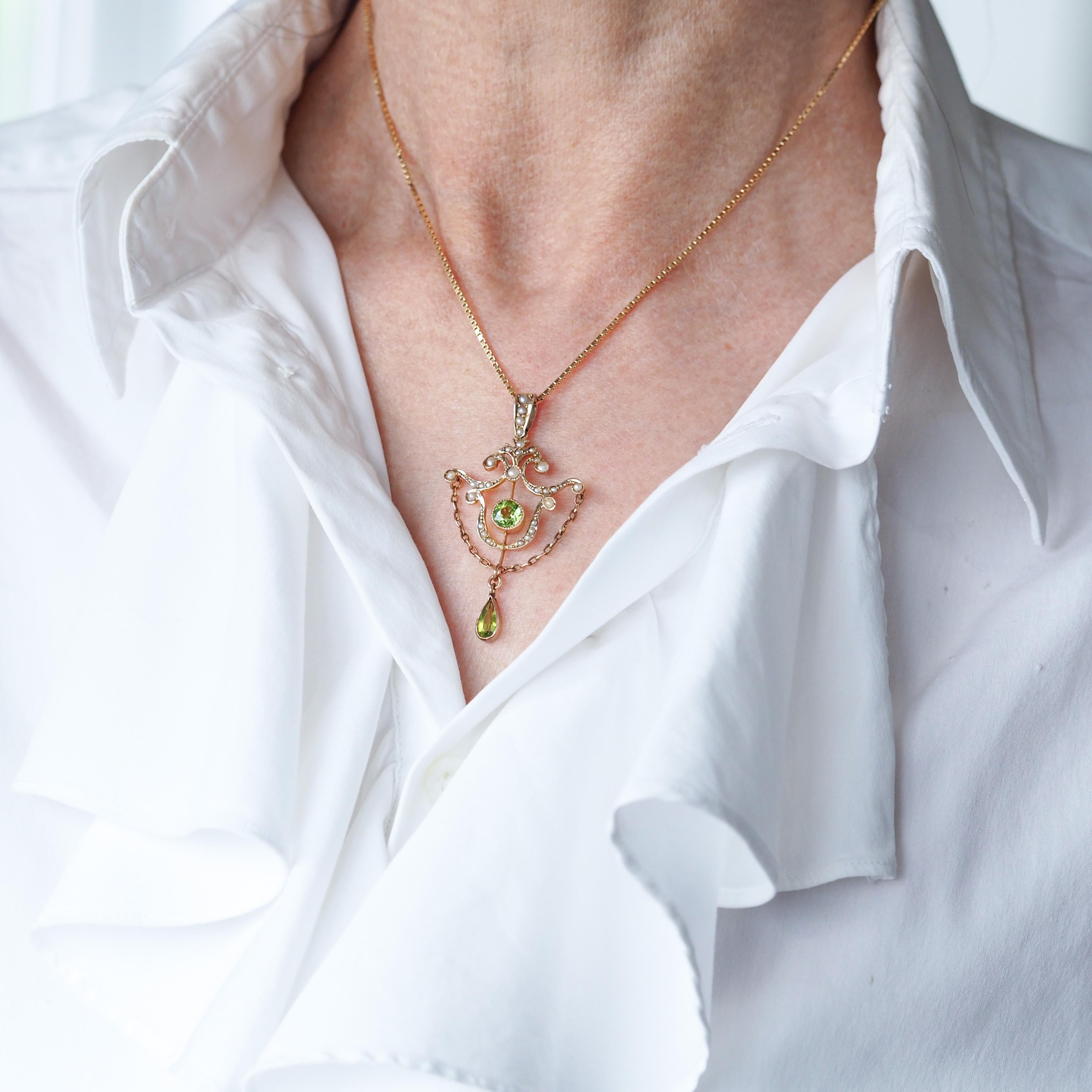 Antique Edwardian Peridot & Seed Pearl Pendant Necklace 9K Gold - 1909 For Sale 13