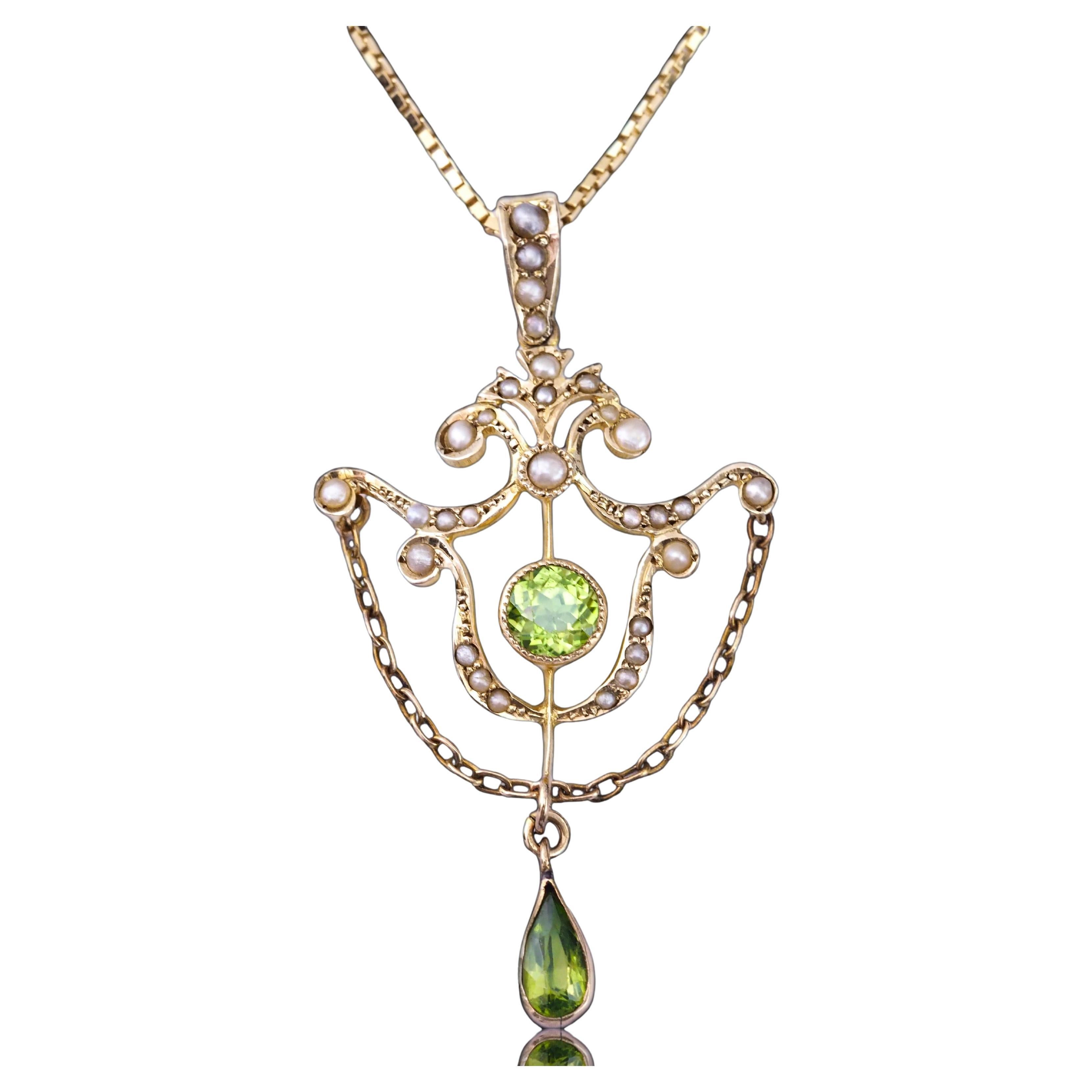 Antique Edwardian Peridot & Seed Pearl Pendant Necklace 9K Gold - 1909 For Sale