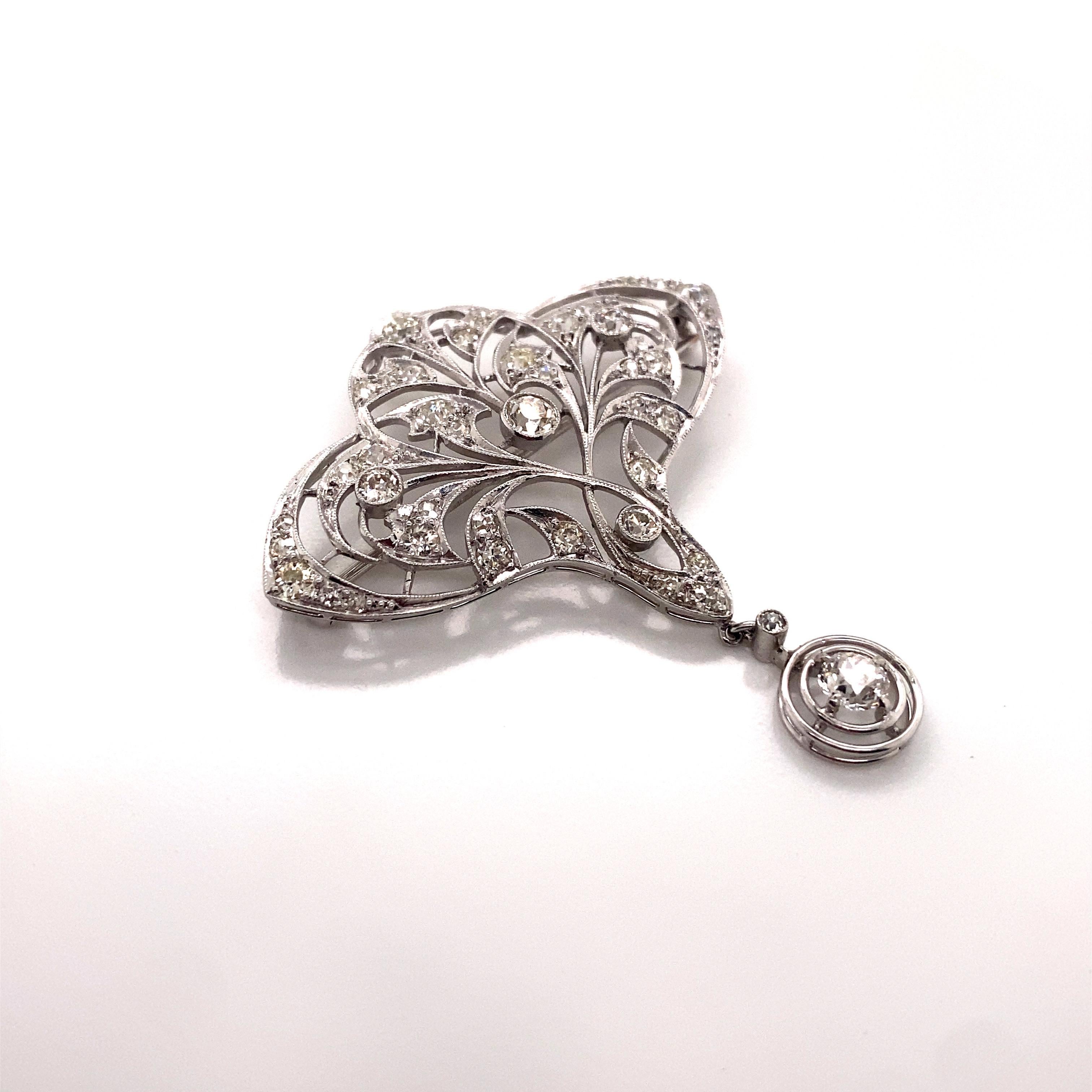 Old European Cut Antique Edwardian Period Platinum Filigree and Milgrain Diamond Brooch Pendant For Sale