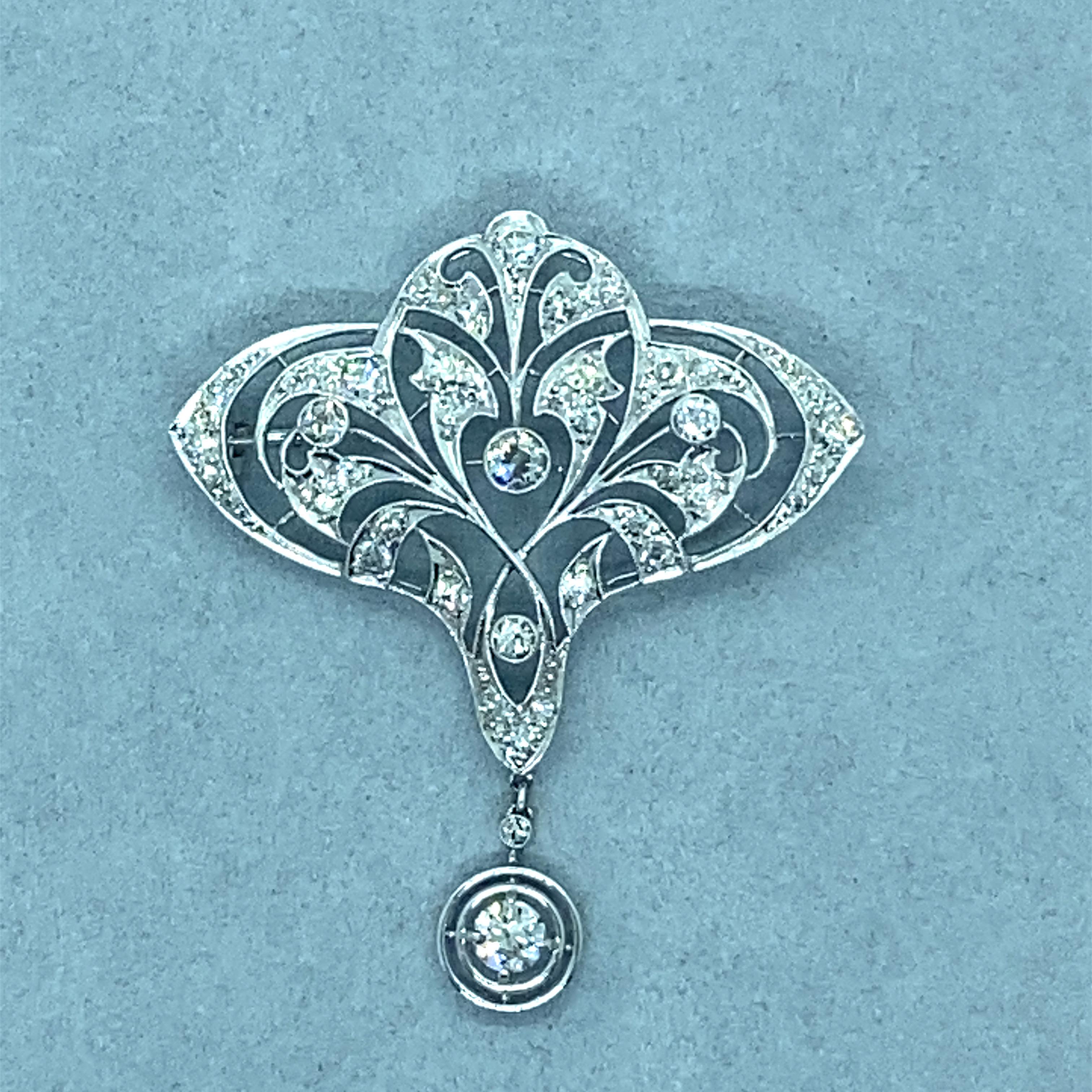 Women's Antique Edwardian Period Platinum Filigree and Milgrain Diamond Brooch Pendant For Sale