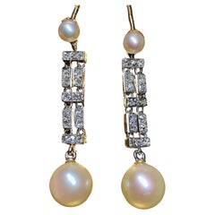 Antique Edwardian Peruzzi Mine Cut Diamond Platinum Pearl Dangle Drop Earrings 