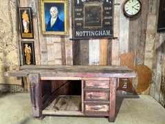 Antique Edwardian Pine Workbench Kitchen Island Bench with Cupboard & Drawers, c