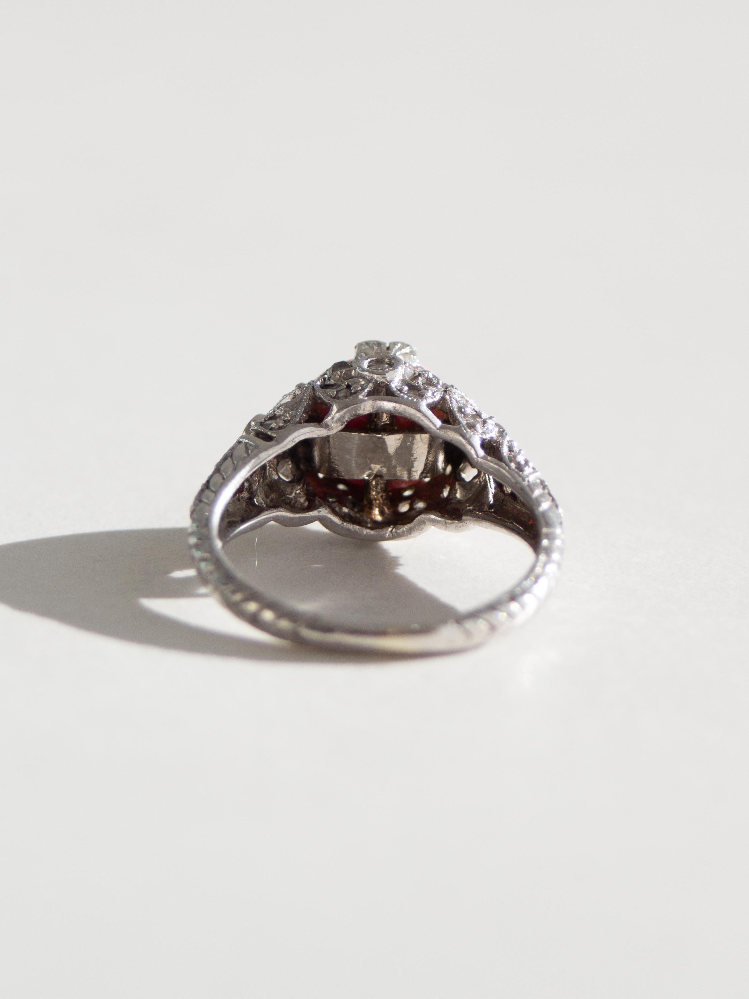 Antique Edwardian Pink Flame Conch Pearl Platinum PT900 Bow Diamond Ring 6.25 For Sale 5