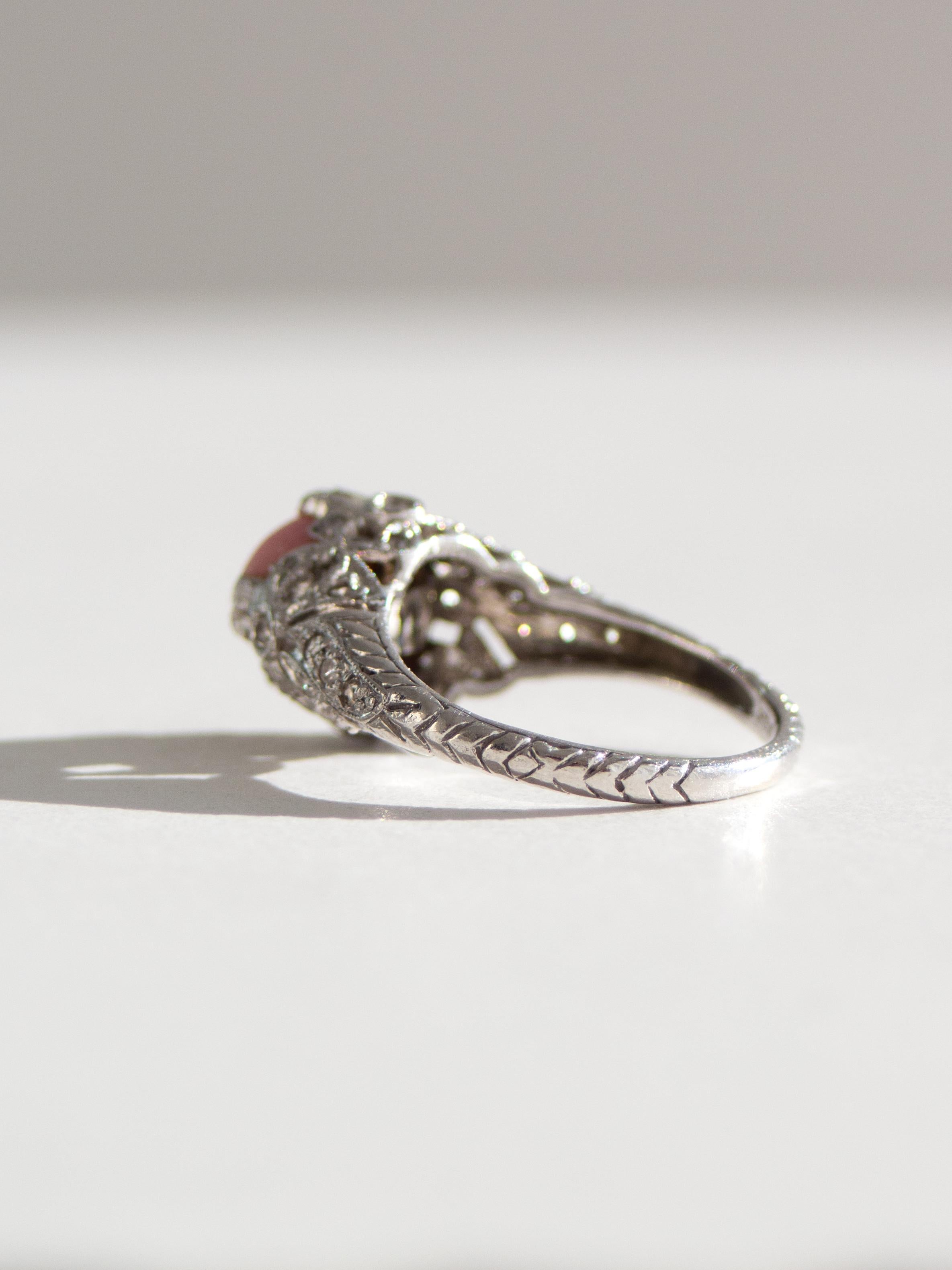 Antique Edwardian Pink Flame Conch Pearl Platinum PT900 Bow Diamond Ring 6.25 For Sale 6