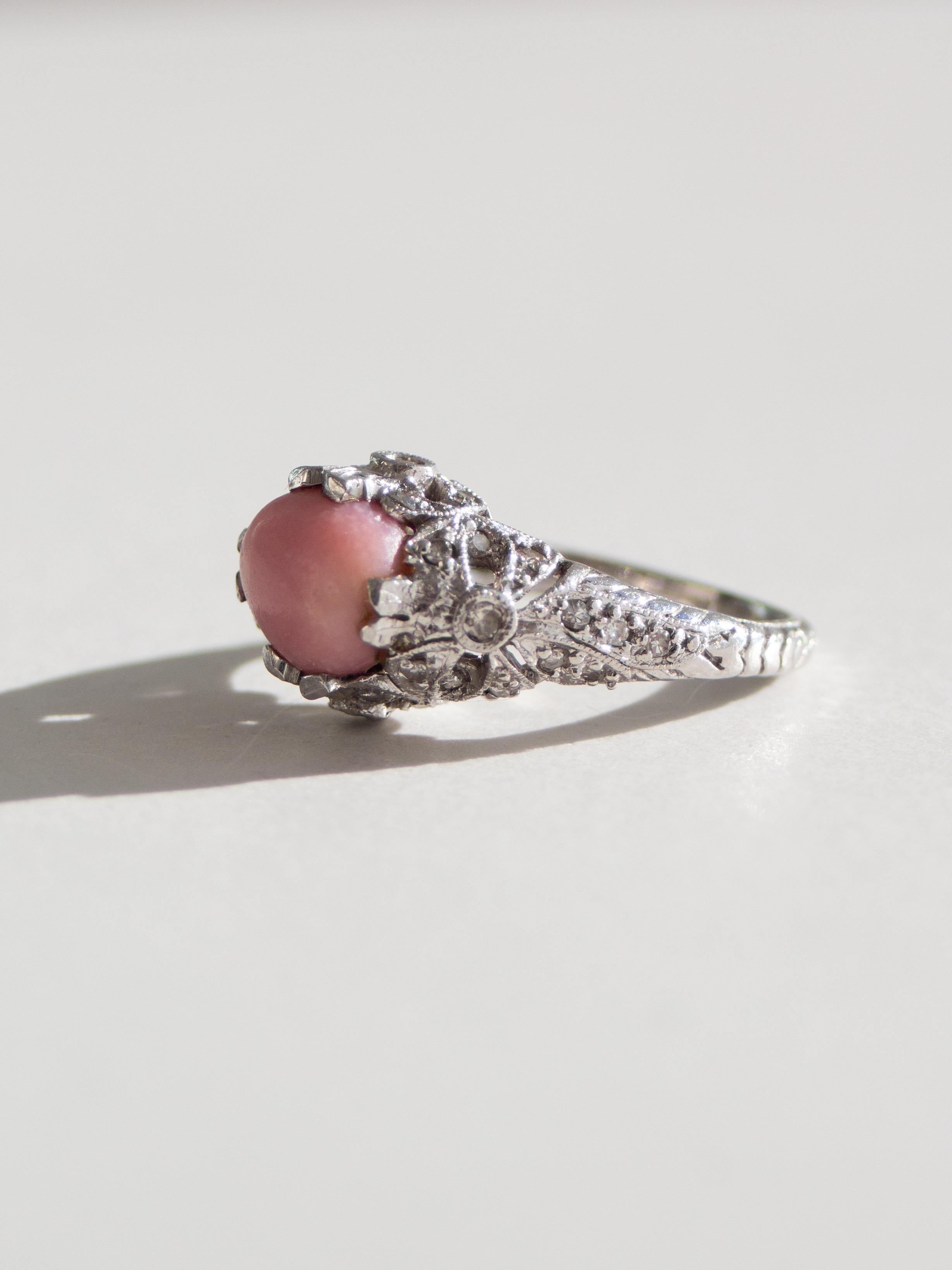 Antique Edwardian Pink Flame Conch Pearl Platinum PT900 Bow Diamond Ring 6.25 For Sale 7