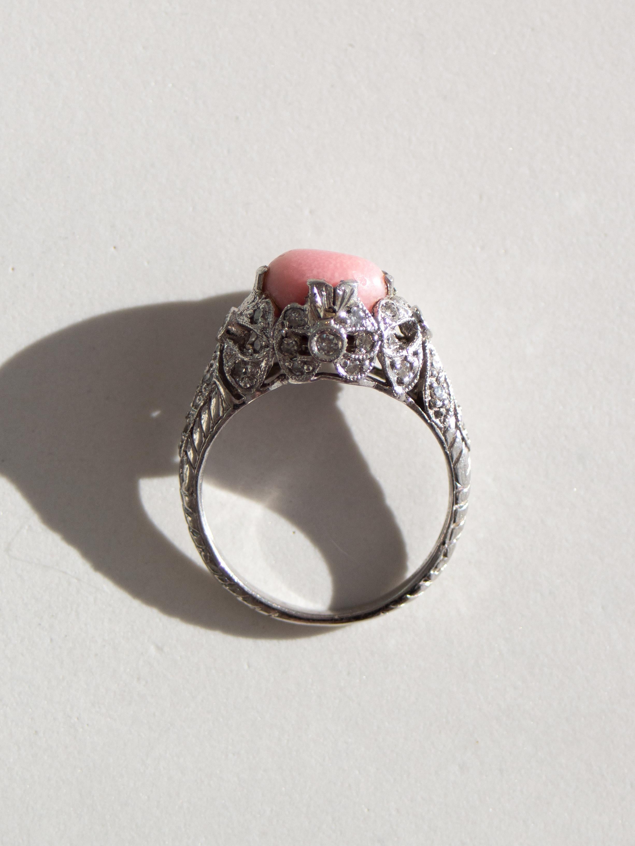 Antique Edwardian Pink Flame Conch Pearl Platinum PT900 Bow Diamond Ring 6.25 For Sale 8