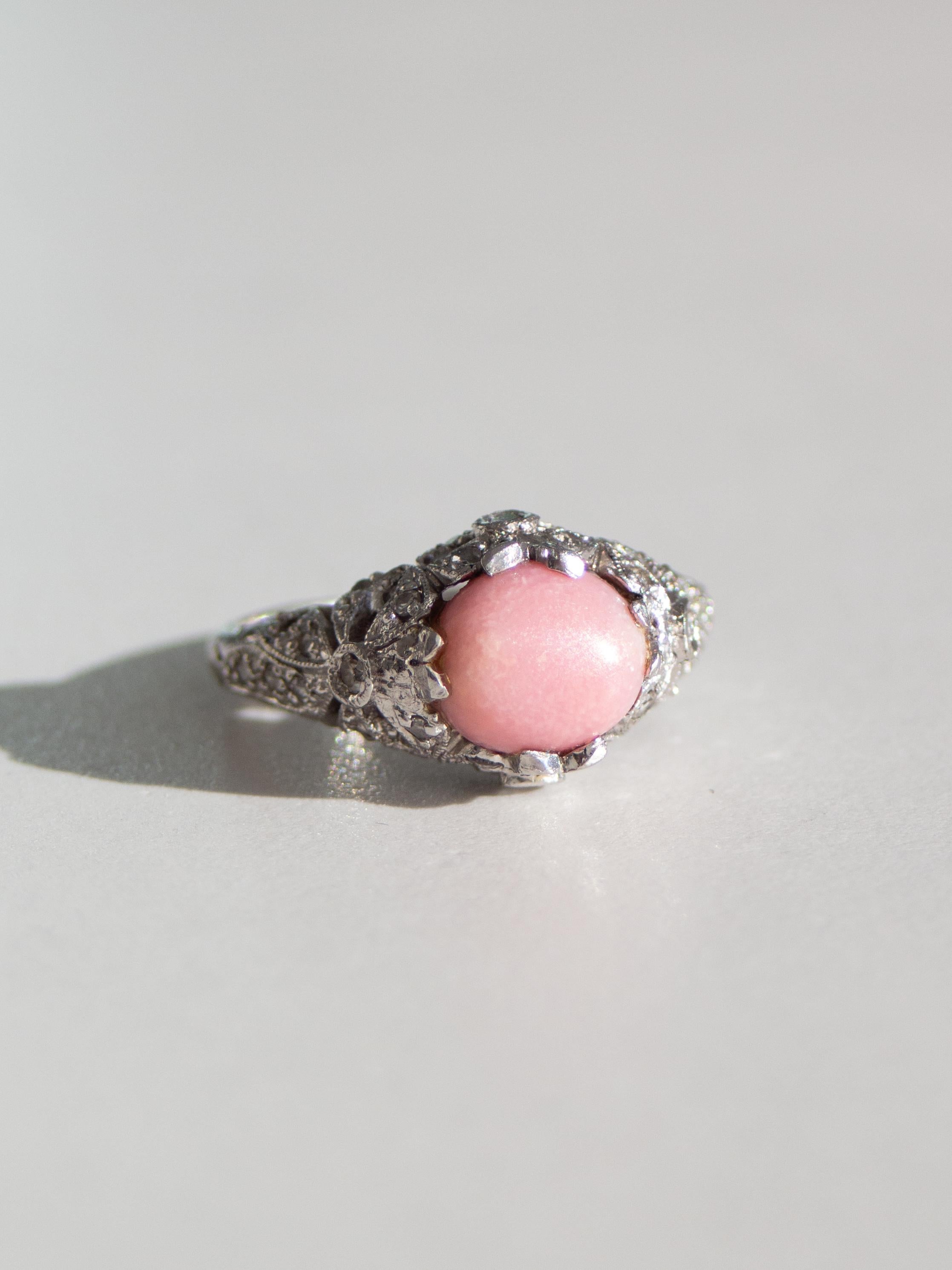 Antique Edwardian Pink Flame Conch Pearl Platinum PT900 Bow Diamond Ring 6.25 For Sale 9