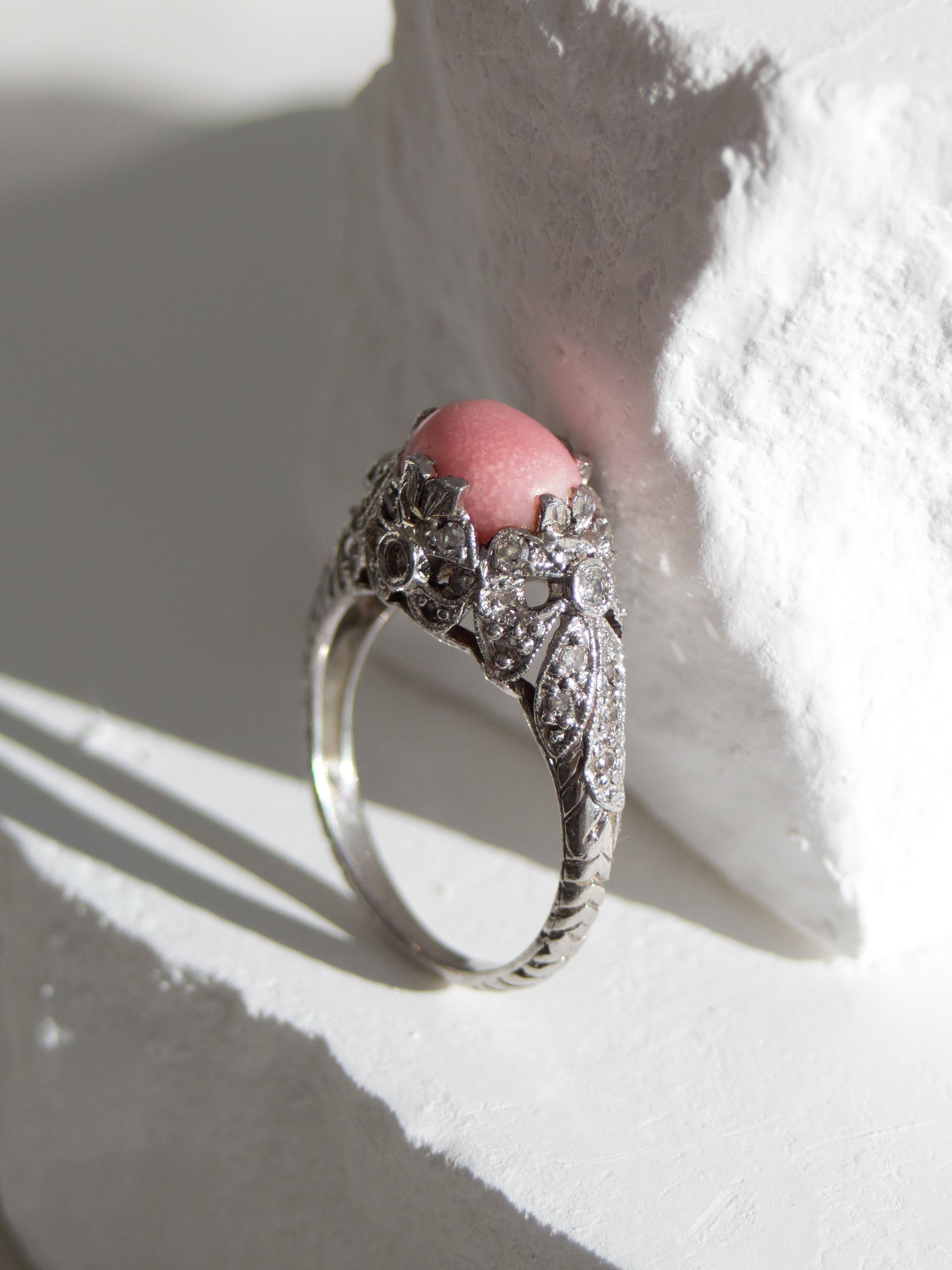Antique Edwardian Pink Flame Conch Pearl Platinum PT900 Bow Diamond Ring 6.25 For Sale 10