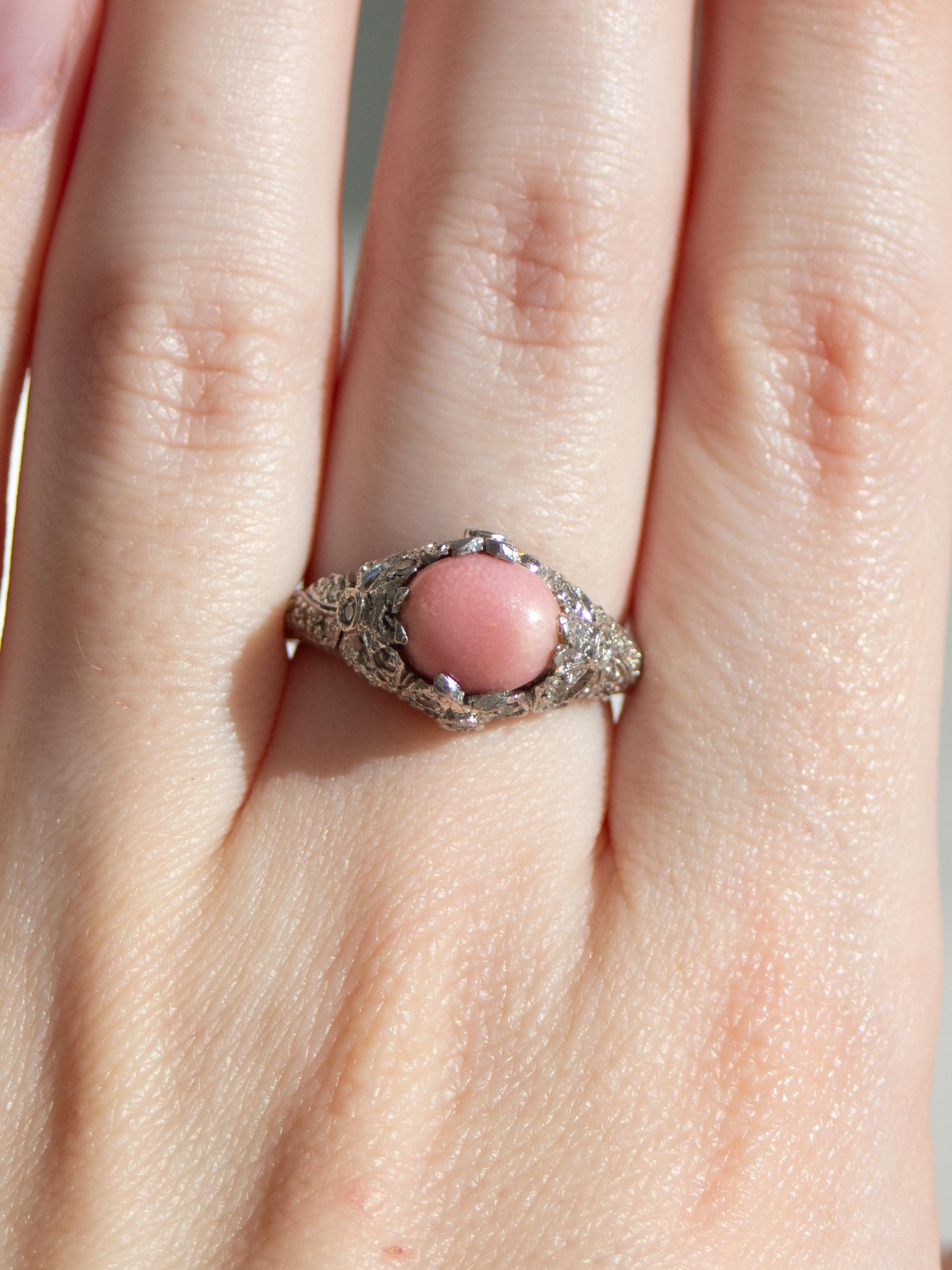 Antique Edwardian Pink Flame Conch Pearl Platinum PT900 Bow Diamond Ring 6.25 For Sale 13