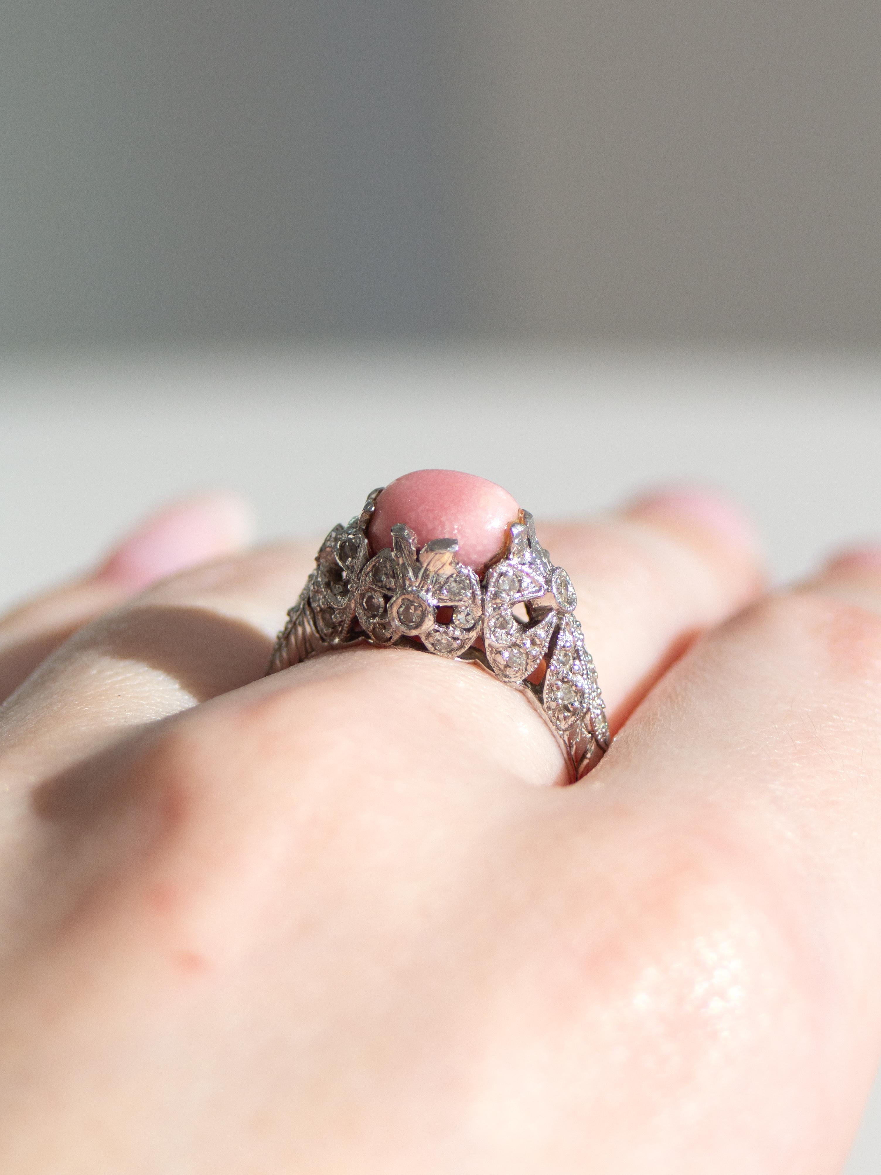 Antique Edwardian Pink Flame Conch Pearl Platinum PT900 Bow Diamond Ring 6.25 For Sale 14