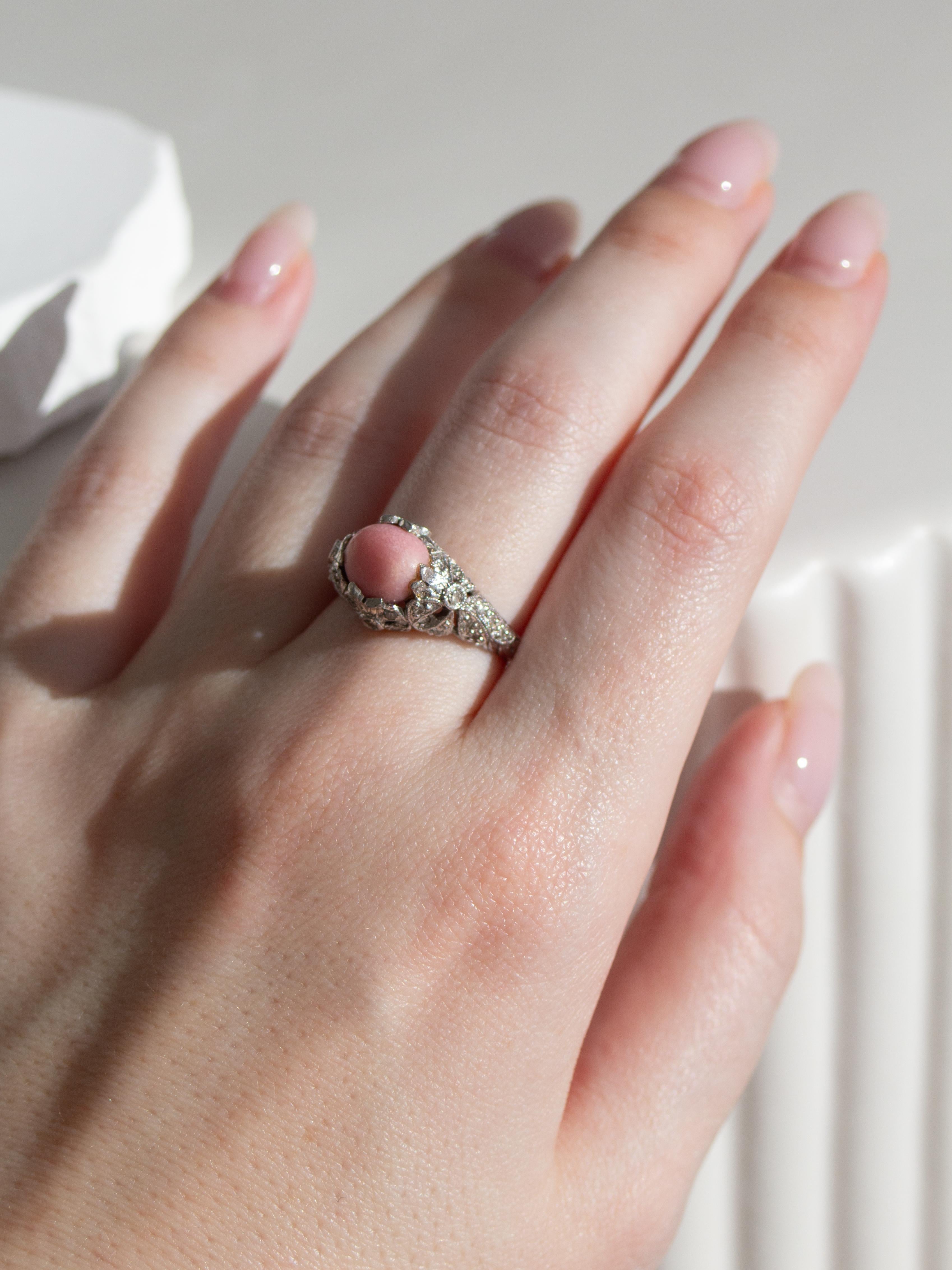 Antique Edwardian Pink Flame Conch Pearl Platinum PT900 Bow Diamond Ring 6.25 For Sale 15