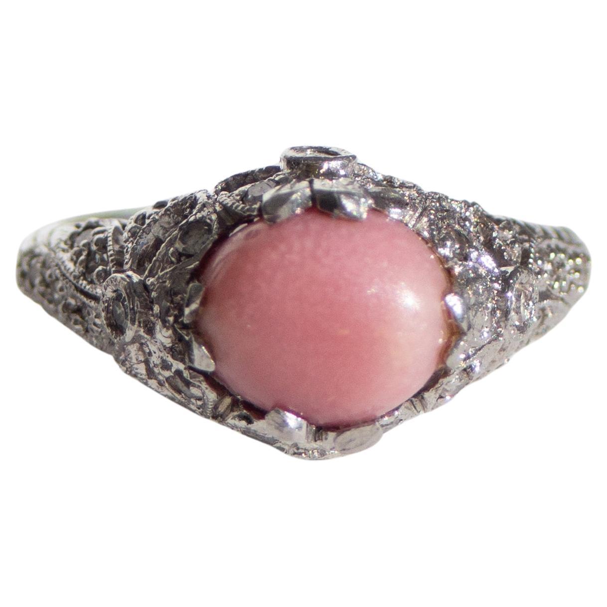 Antique Edwardian Pink Flame Conch Pearl Platinum PT900 Bow Diamond Ring 6.25 For Sale