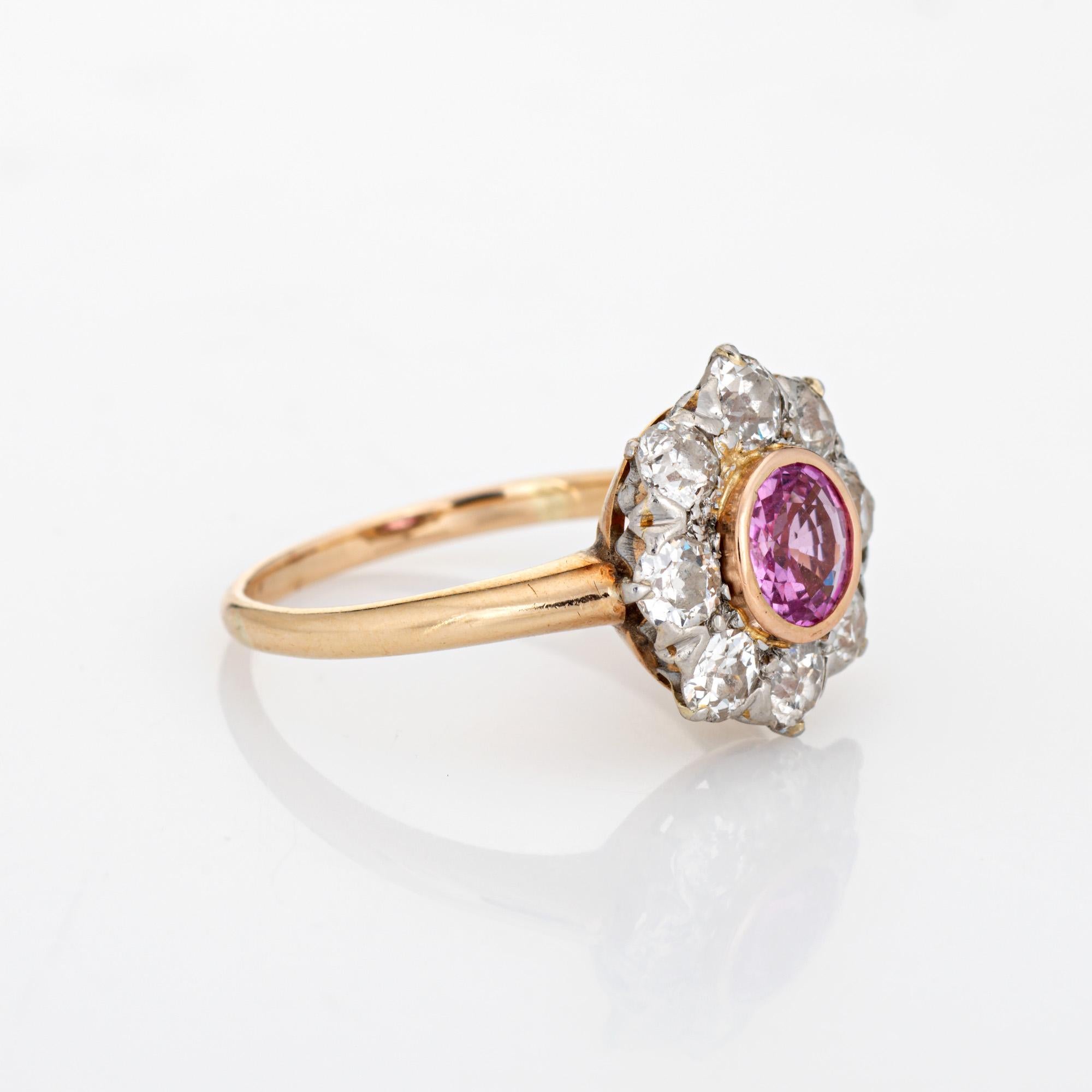 Round Cut Antique Edwardian Pink Sapphire Diamond Ring Cluster 14k Gold Engagement Bridal For Sale