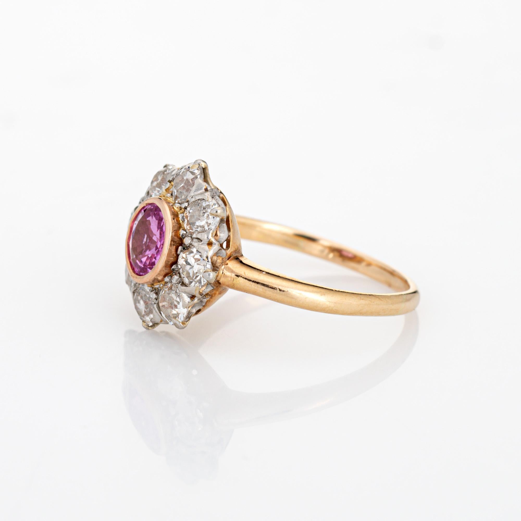 Antique Edwardian Pink Sapphire Diamond Ring Cluster 14k Gold Engagement Bridal In Good Condition For Sale In Torrance, CA