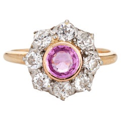 Antiker edwardianischer rosa Saphir-Diamant-Ring-Cluster 14k Gold Verlobungsring