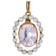 Antique Edwardian Pink Sapphire Seed Pearl Pendant 14 Karat Gold Small Oval