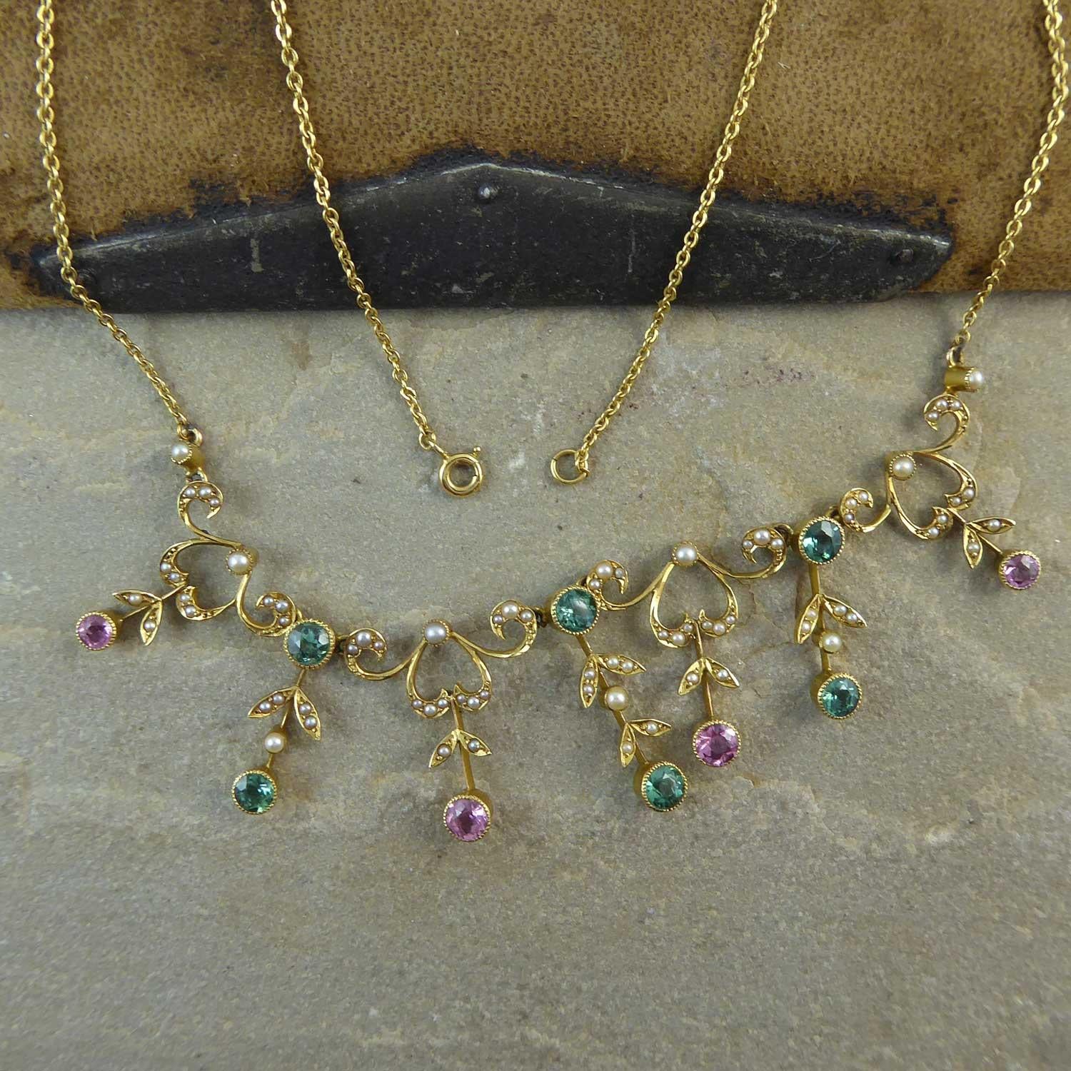 Art Nouveau Antique Edwardian Pink Tourmaline, Green Tourmaline, Pearl Necklace, circa 1905