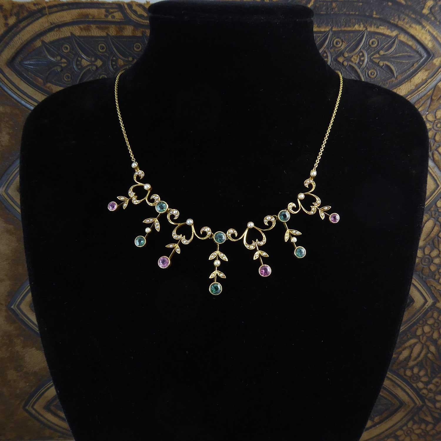 Antique Edwardian Pink Tourmaline, Green Tourmaline, Pearl Necklace, circa 1905 In Excellent Condition In Yorkshire, West Yorkshire