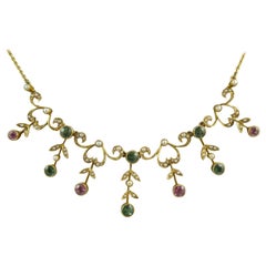 Collier édouardien antique de tourmaline rose:: tourmaline verte et perle:: circa 1905