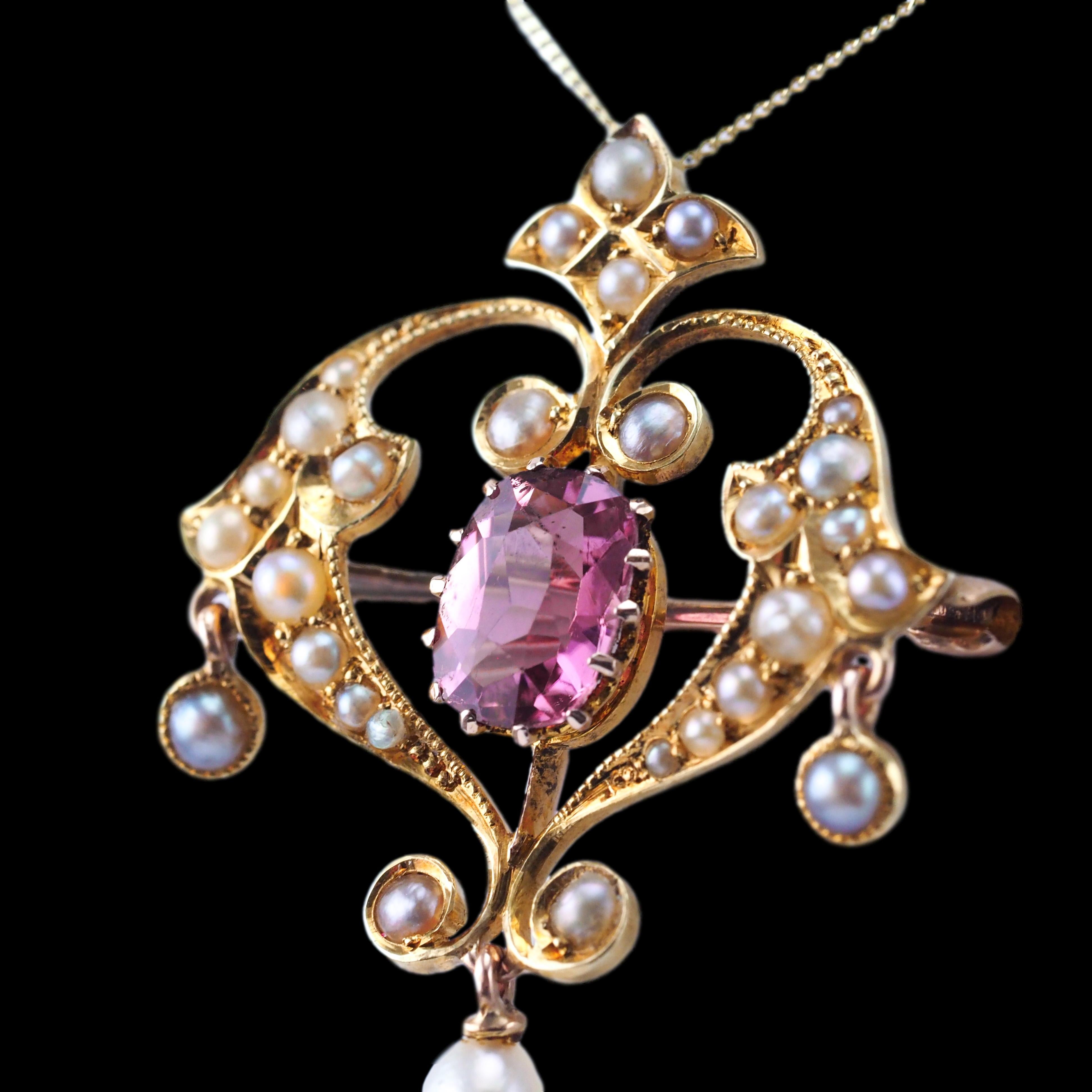 Antique Edwardian Pink Tourmaline & Seed Pearl 15K Gold Pendant Necklace - c.19 For Sale 6