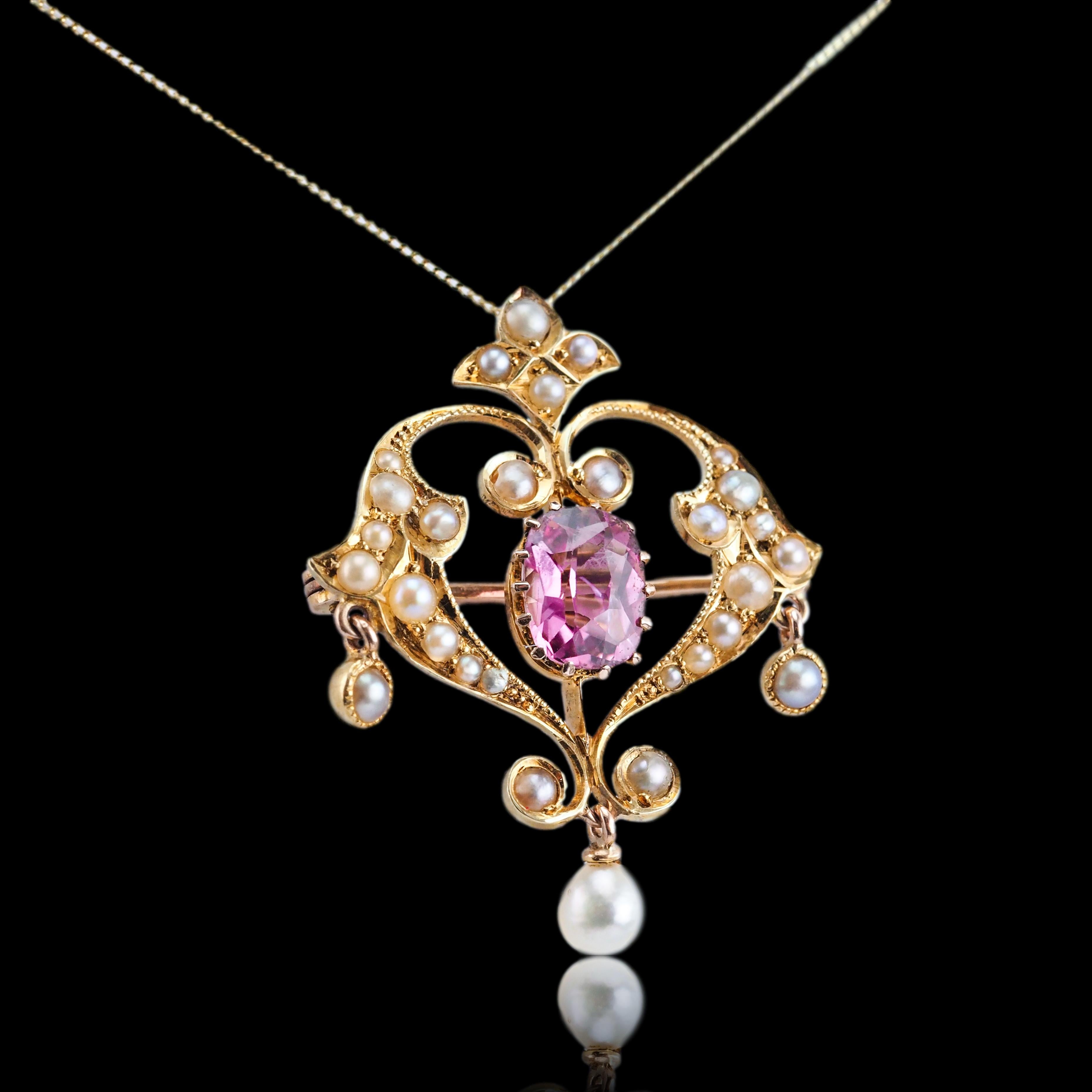Antique Edwardian Pink Tourmaline & Seed Pearl 15K Gold Pendant Necklace - c.19 For Sale 7