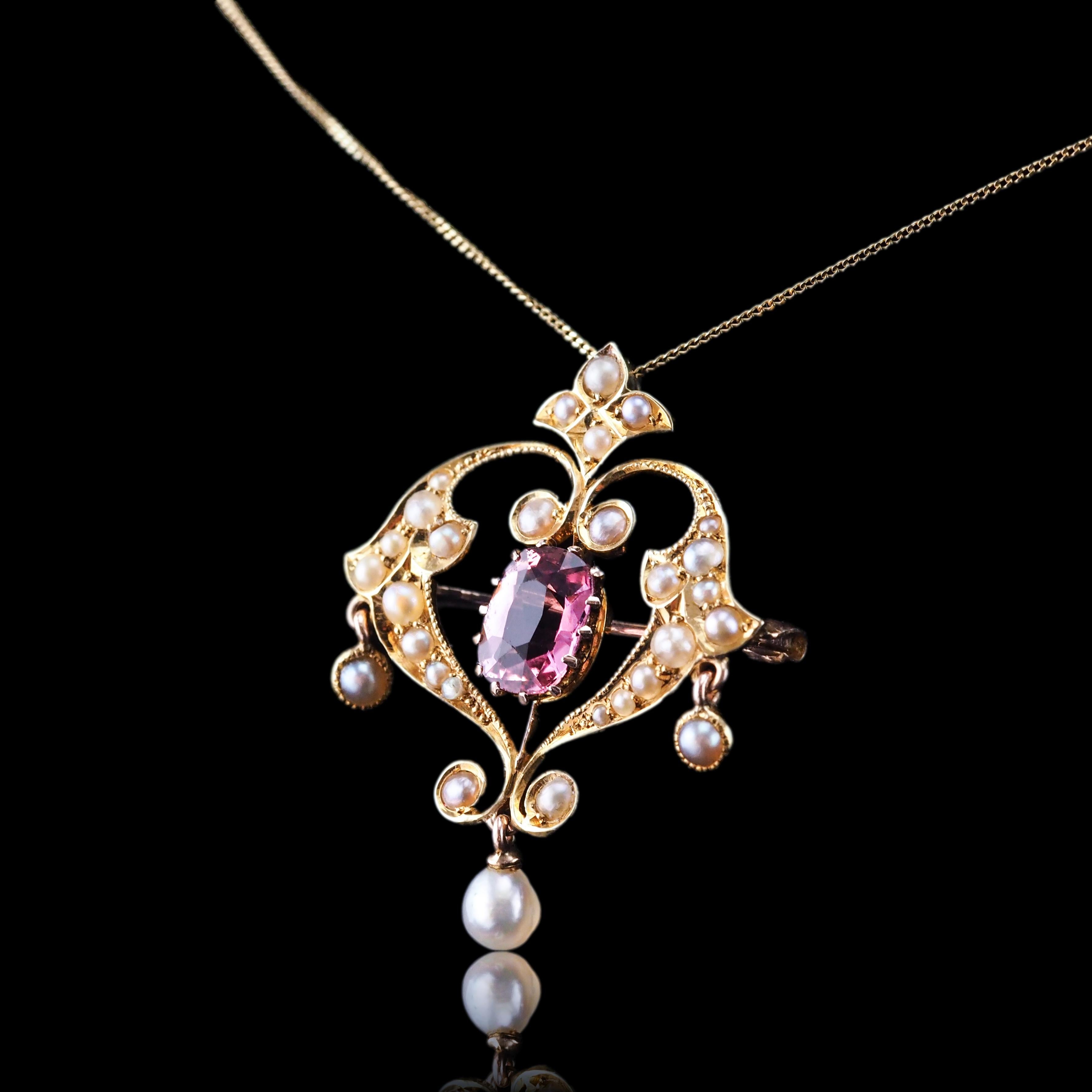 Antique Edwardian Pink Tourmaline & Seed Pearl 15K Gold Pendant Necklace - c.19 For Sale 8