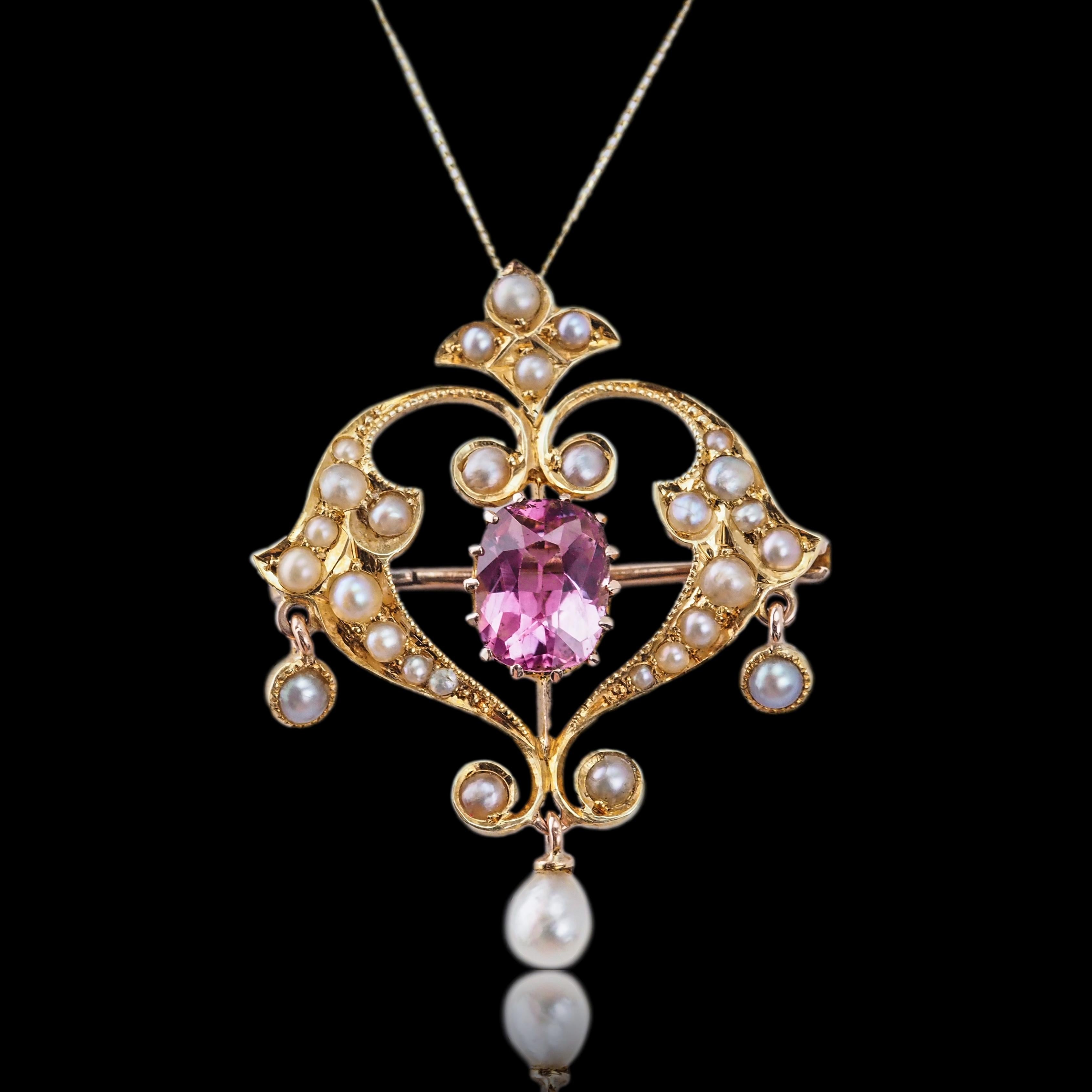Antique Edwardian Pink Tourmaline & Seed Pearl 15K Gold Pendant Necklace - c.19 For Sale 9