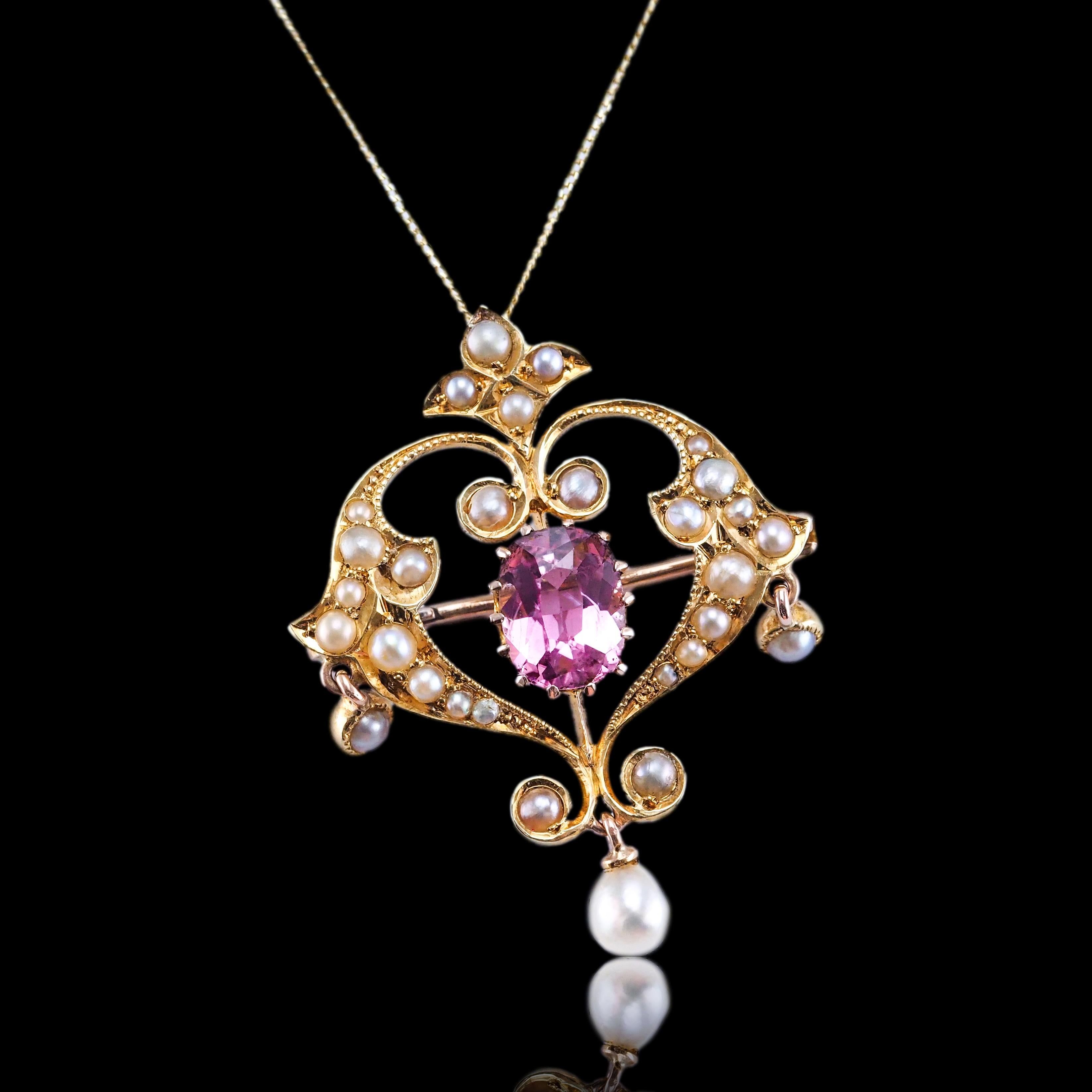Antique Edwardian Pink Tourmaline & Seed Pearl 15K Gold Pendant Necklace - c.19 For Sale 10
