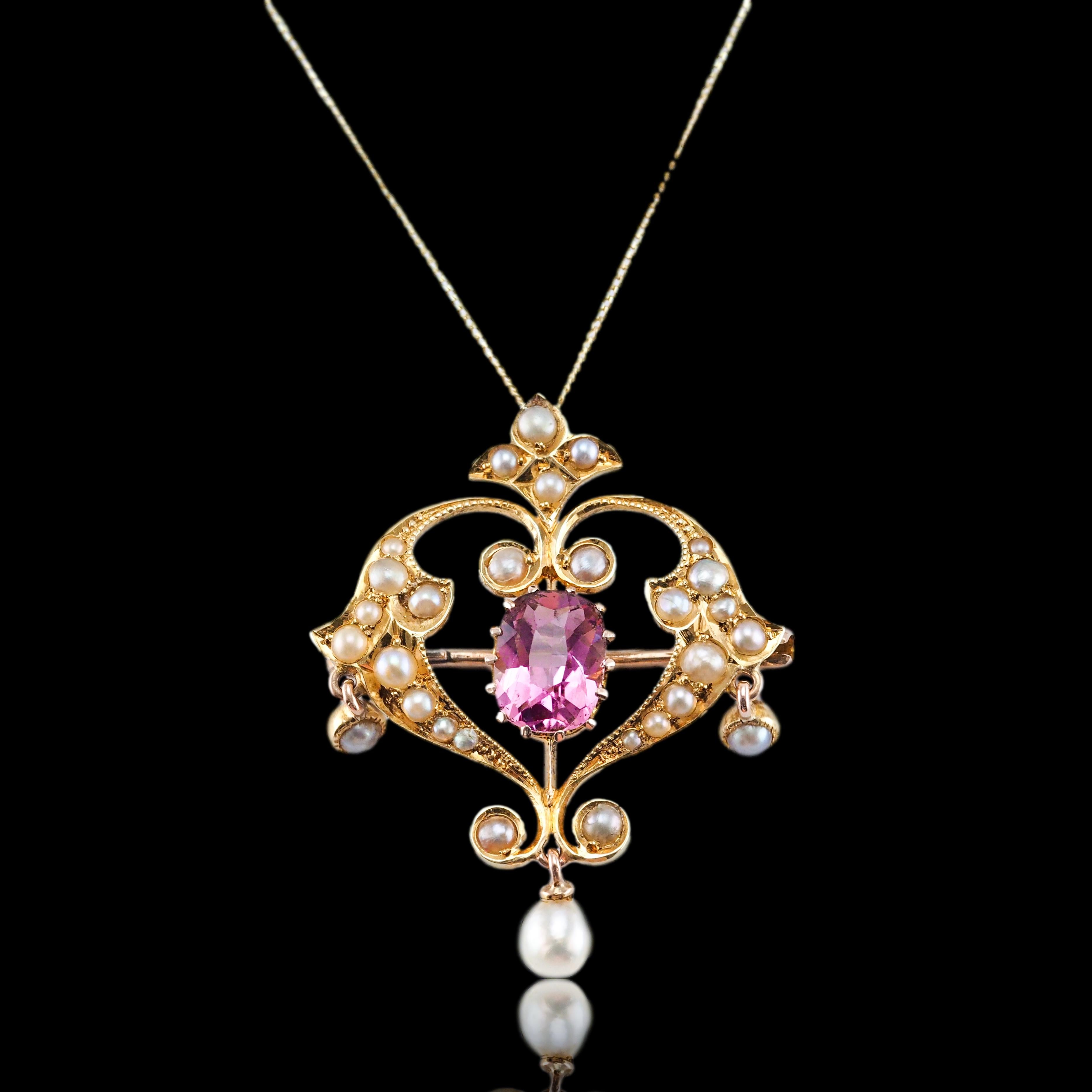 Antique Edwardian Pink Tourmaline & Seed Pearl 15K Gold Pendant Necklace - c.19 For Sale 11