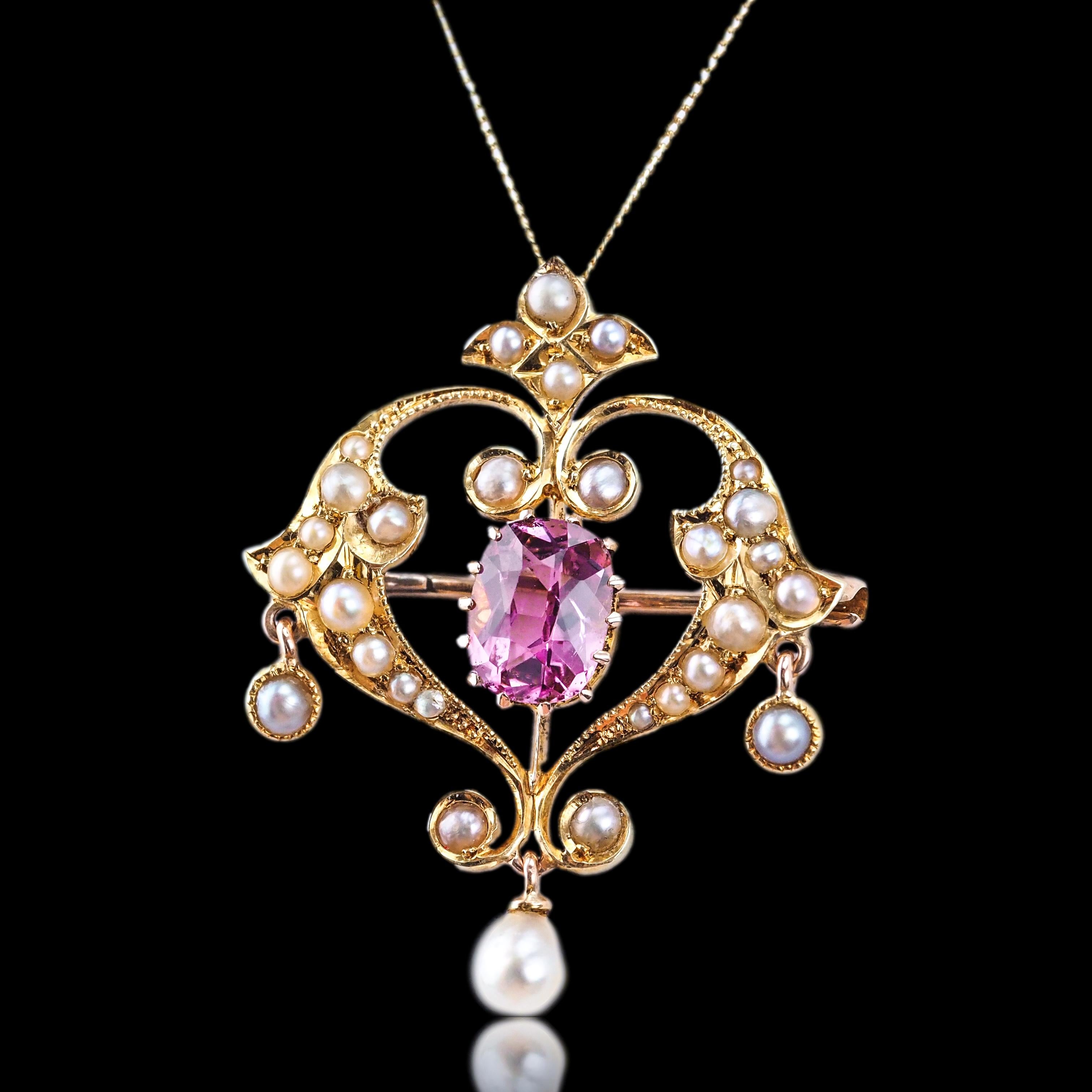 Antique Cushion Cut Antique Edwardian Pink Tourmaline & Seed Pearl 15K Gold Pendant Necklace - c.19 For Sale