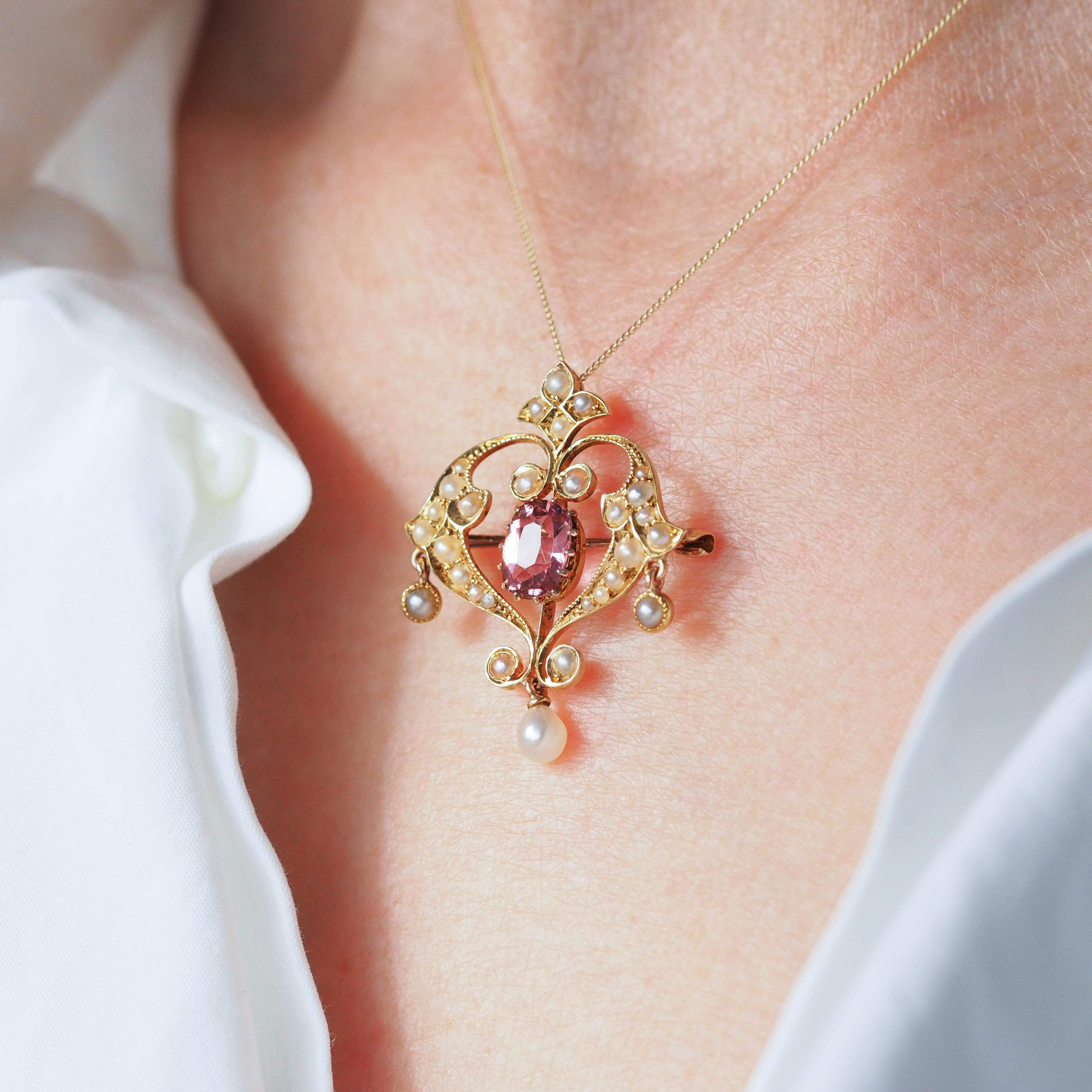 Women's or Men's Antique Edwardian Pink Tourmaline & Seed Pearl 15K Gold Pendant Necklace - c.19 For Sale