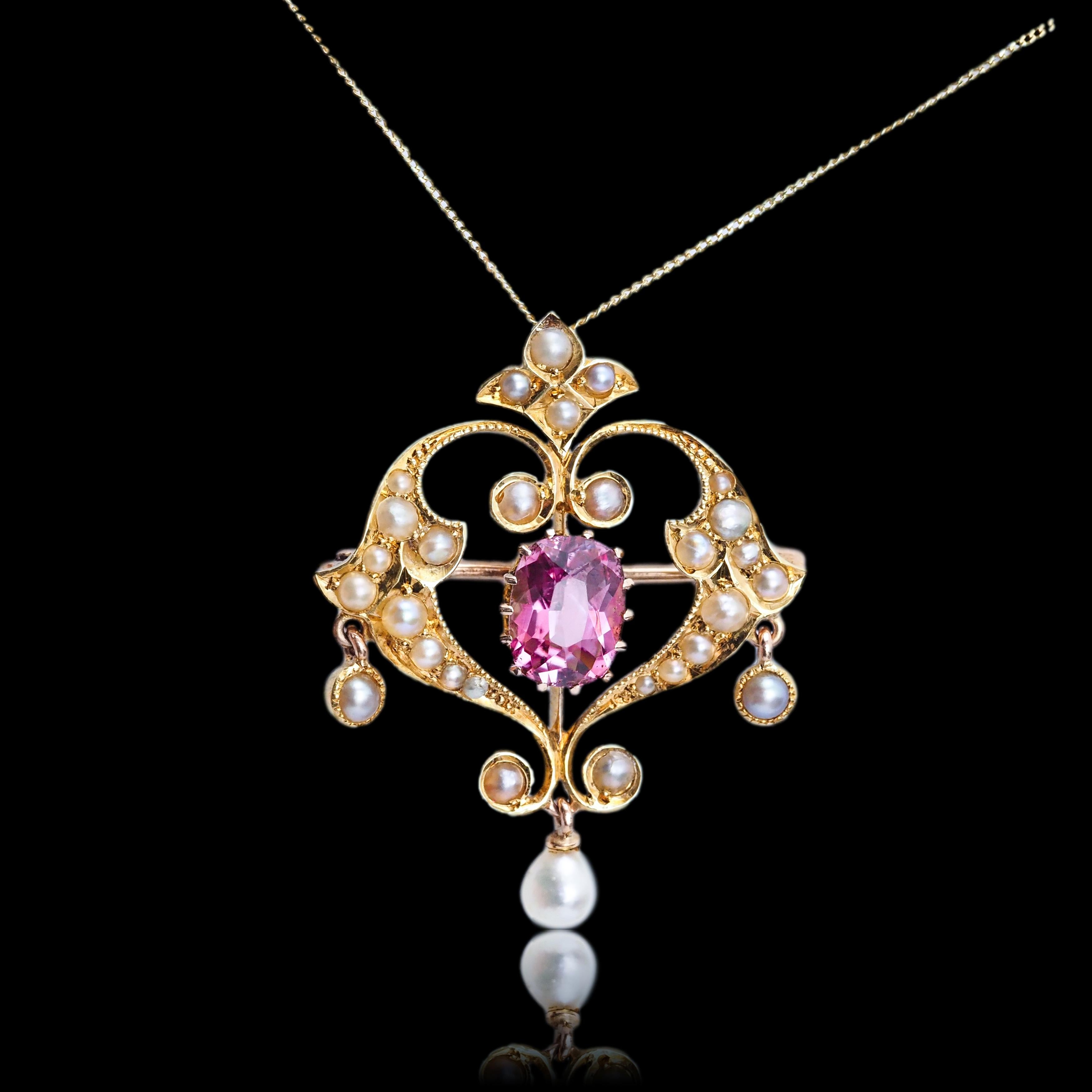 Antique Edwardian Pink Tourmaline & Seed Pearl 15K Gold Pendant Necklace - c.19 For Sale 2