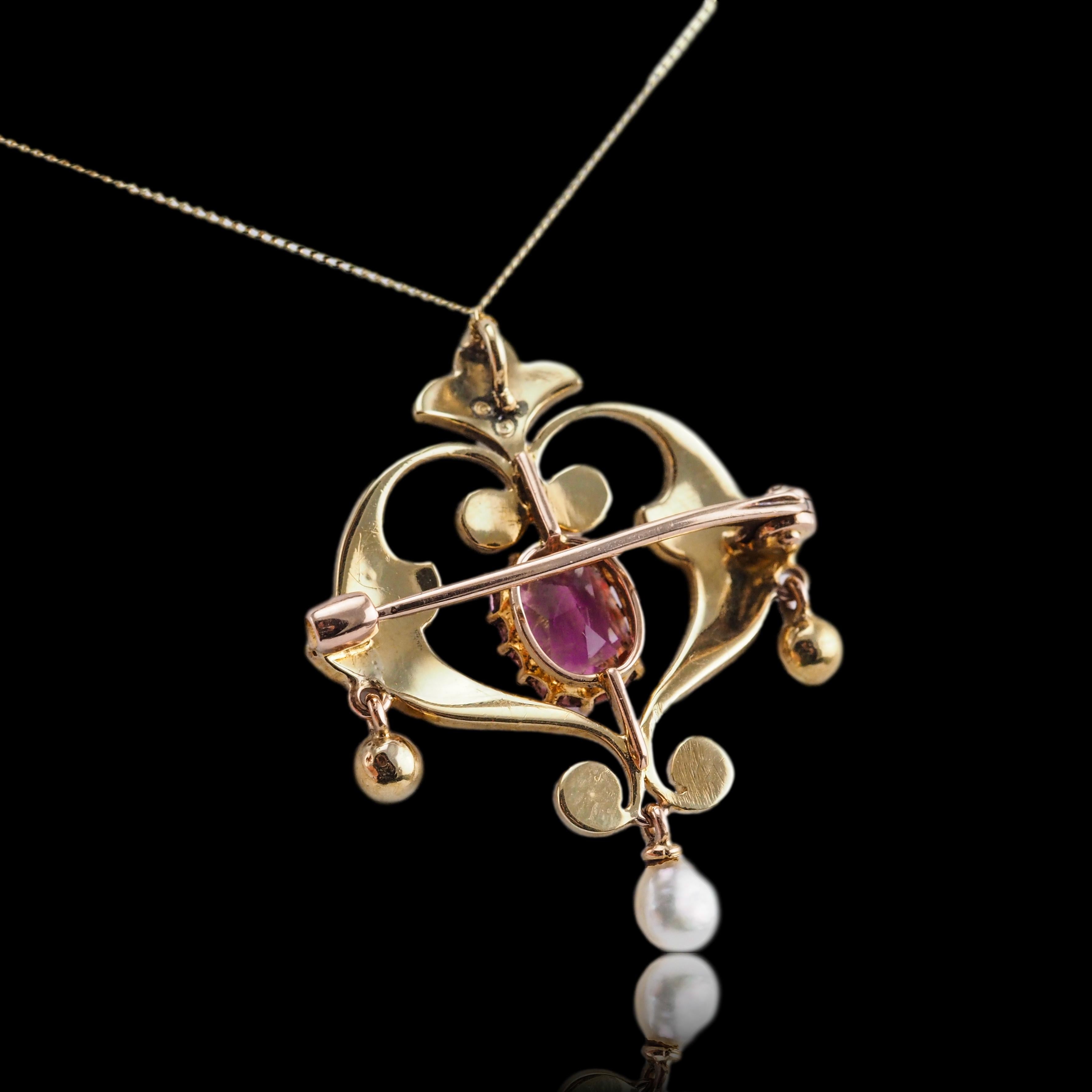 Antique Edwardian Pink Tourmaline & Seed Pearl 15K Gold Pendant Necklace - c.19 For Sale 3